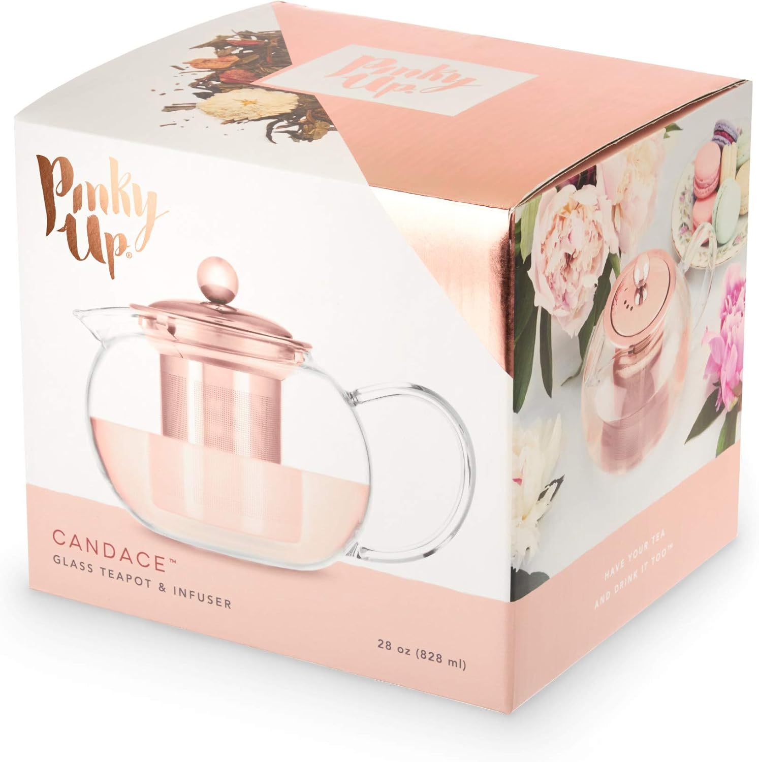 Pinky Up Candace – Tetera de vidrio con tapa de oro rosa, olla de té con infusor extraíble de acero inoxidable y tetera para té suelto, 28 onzas