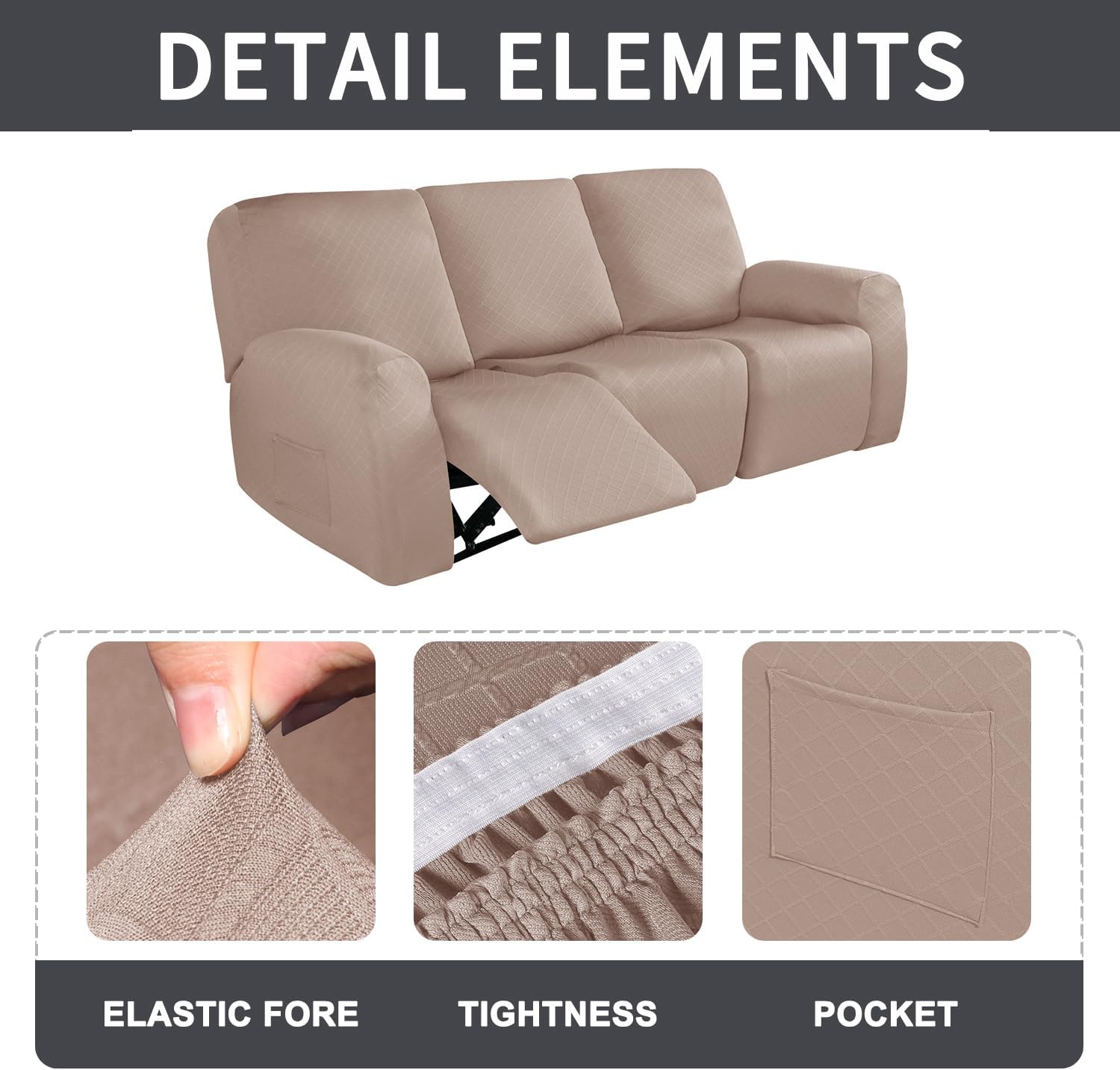 NILUOH Fundas impermeables para sofá reclinable de 8 piezas, fundas elásticas de jacquard para sofá reclinable de 3 plazas, con bolsillos, protector