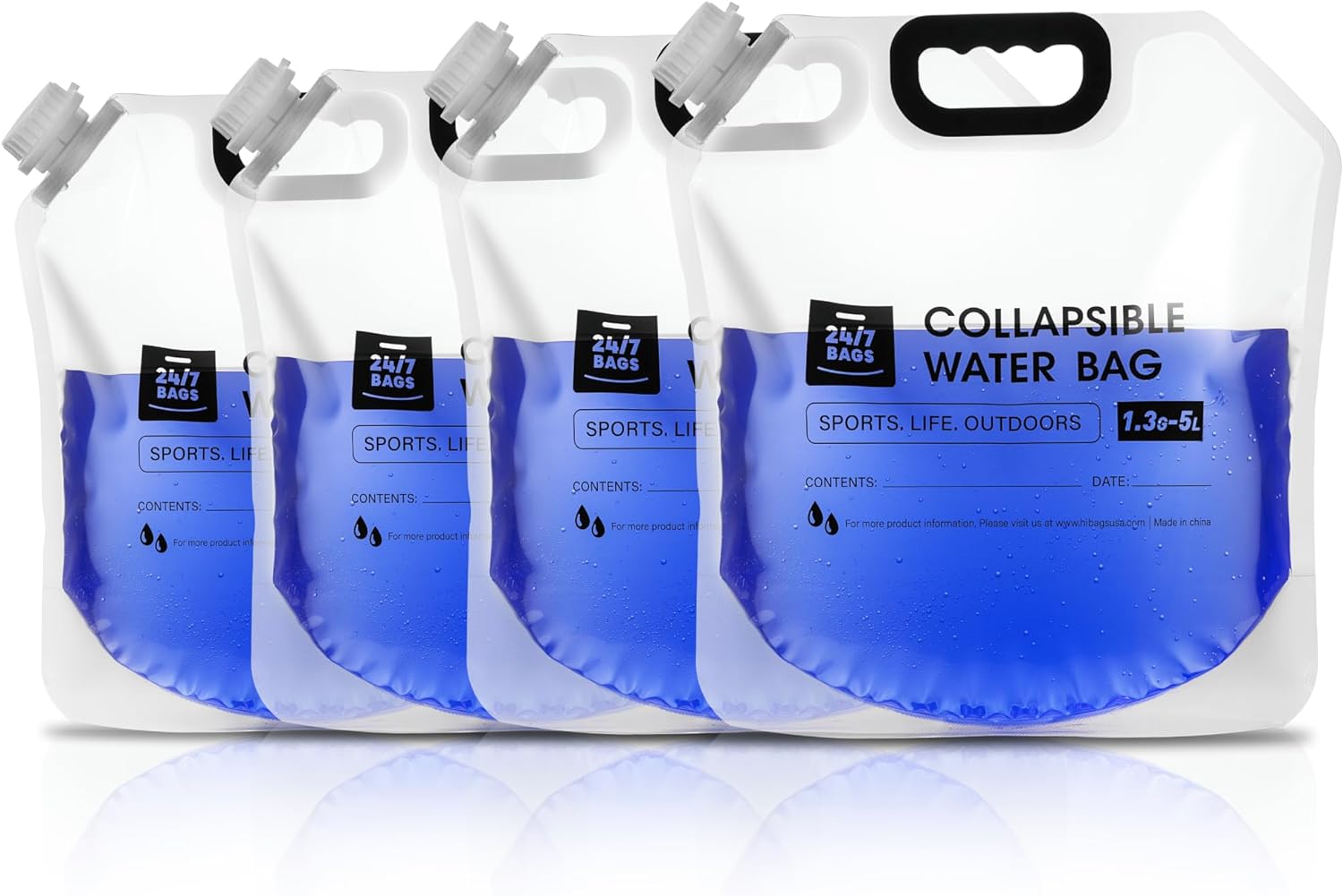 Paquete de 4 bolsas plegables para contenedores de agua de 1.3 galones5 litros, resistente con asas de transporte, caminatas, viajes, emergencias