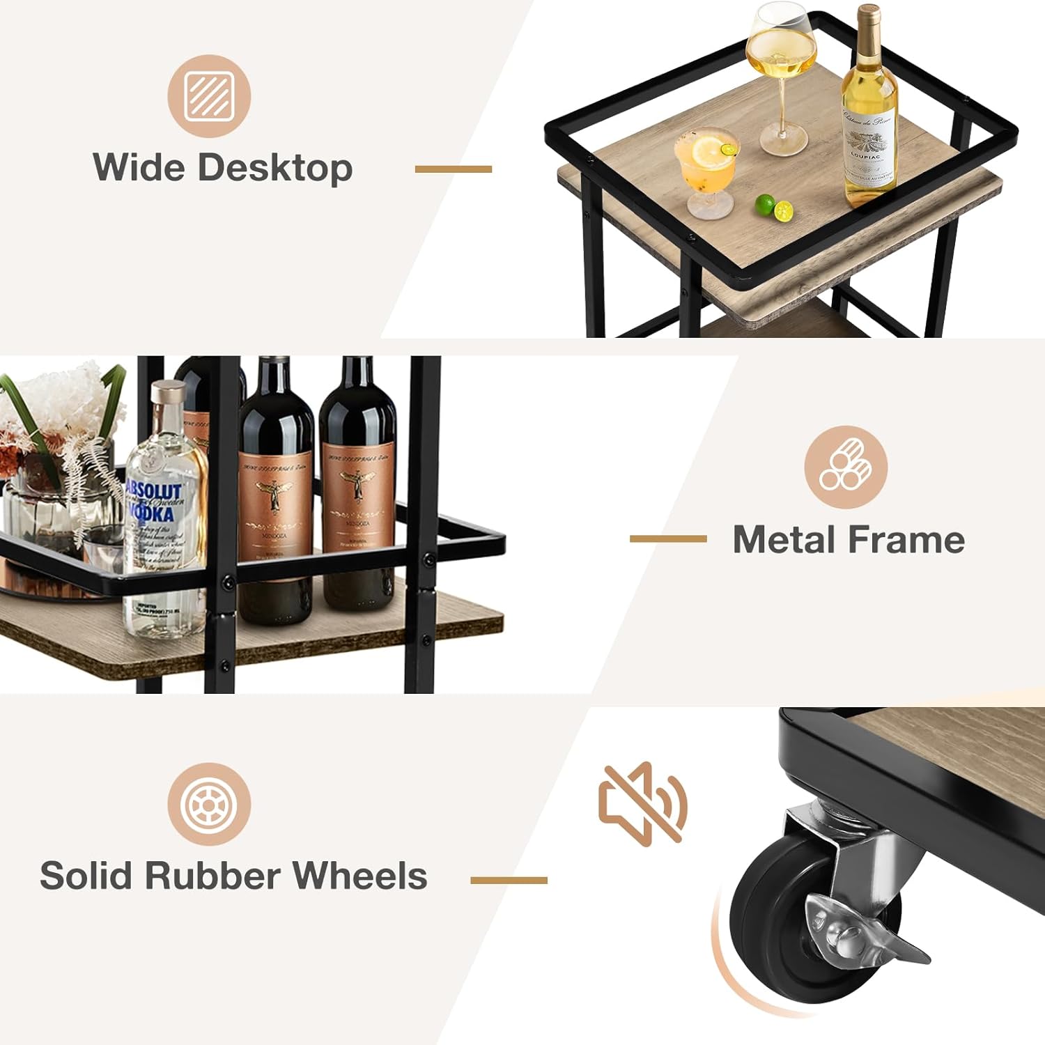 BOEASTER Carrito de barra de 3 niveles para el hogar, carrito de servicio de mini bar rodante, carrito de vino con ruedas, carrito de vino de estilo