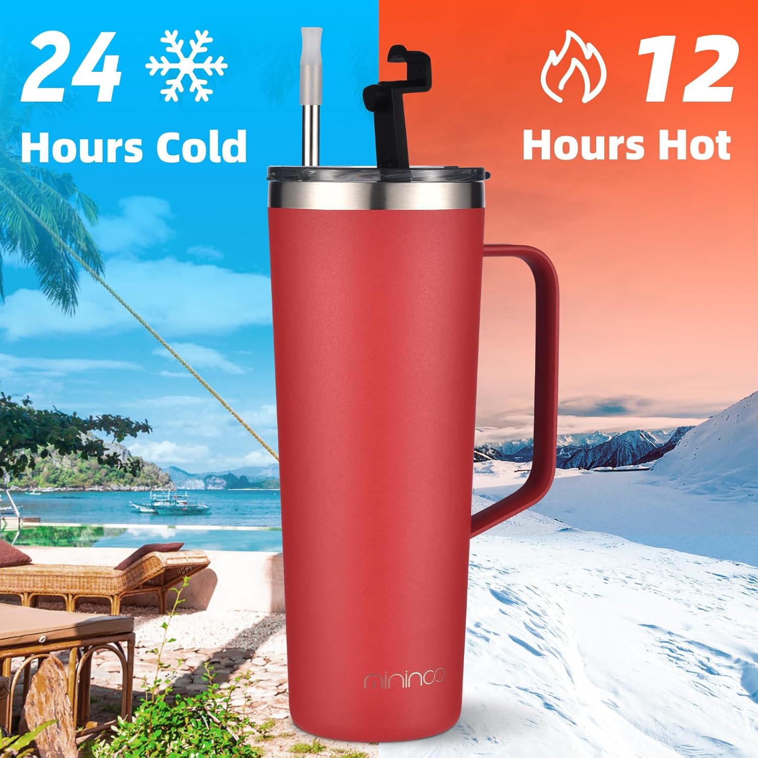 Vaso aislado de 24 onzas con asa, taza de café aislada al vacío de doble pared con tapa y popote, a prueba de fugas (rojo)