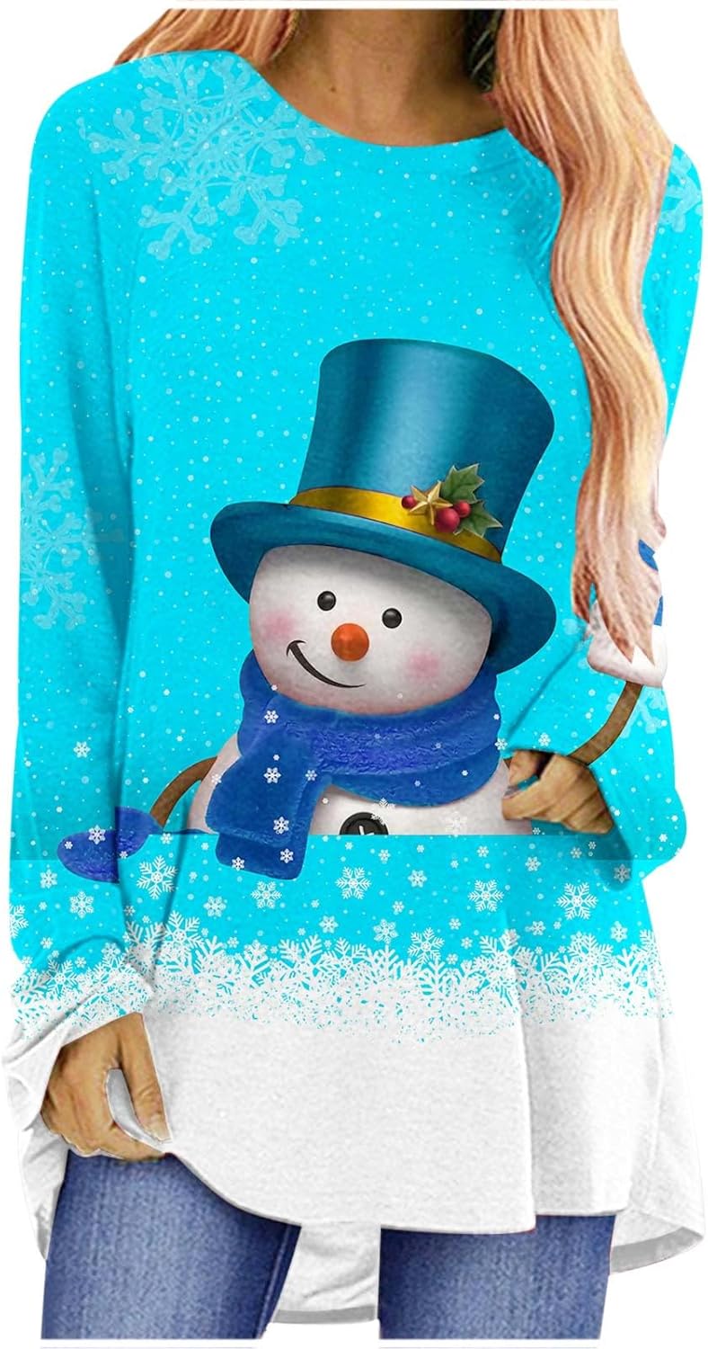 Impresiones navideñas para mujer, para otoño e invierno, a la moda, de manga larga, talla grande, casual, ligera, cuello redondo