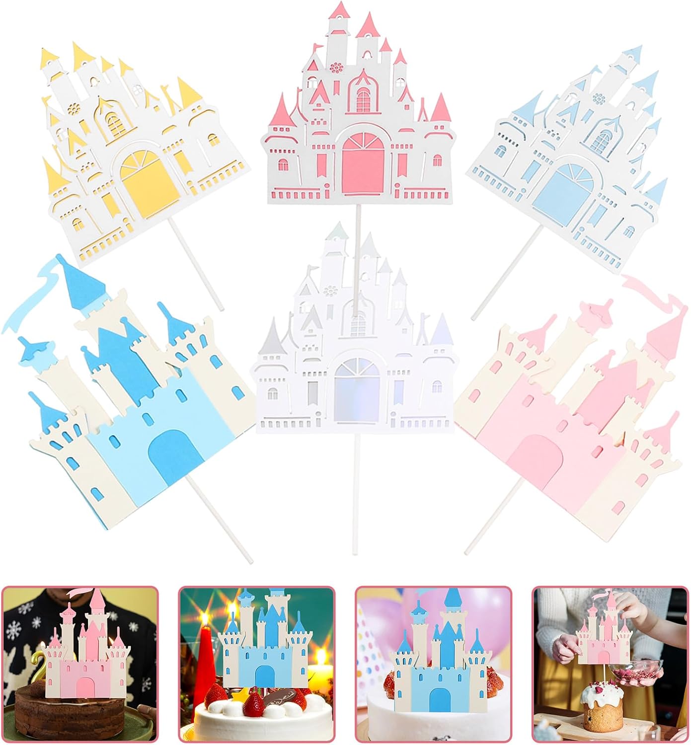 ibasenice 6 piezas de inserción de pastel de castillo decoración de princesa rosa decoraciones de feliz cumpleaños decoraciones de pastel de bebé