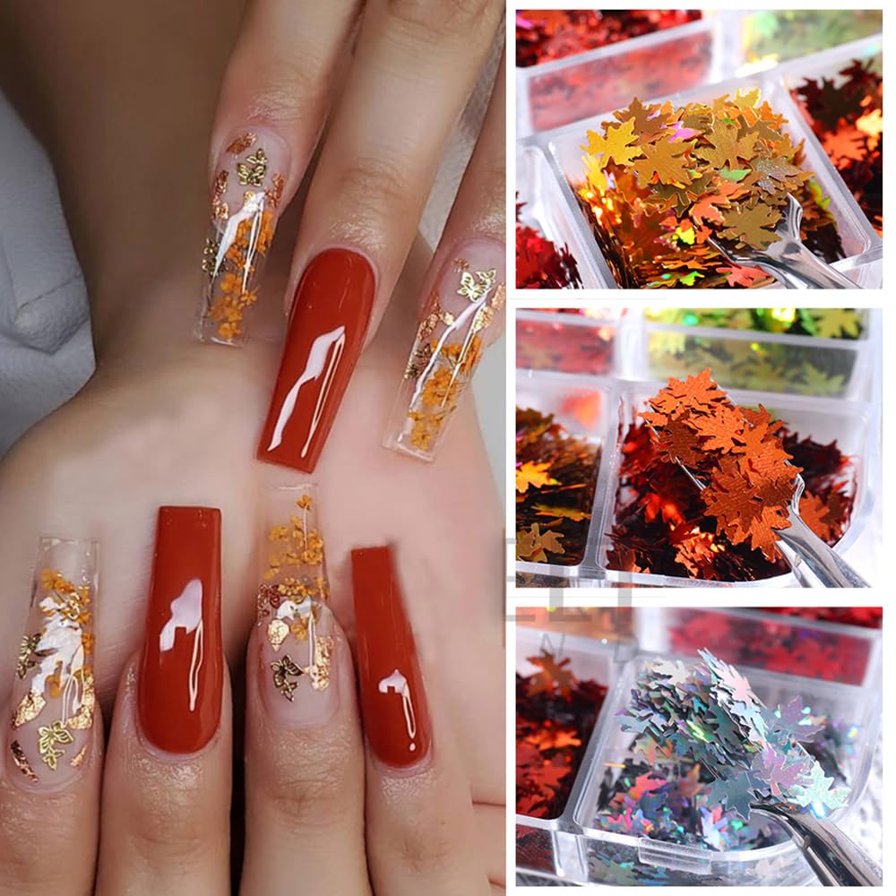 Arte de uñas de hoja de arce, brillantina, arte de uñas de otoño, holográfico 3D, 6 colores, láser de hojas de otoño, calcomanías de lentejuelas de