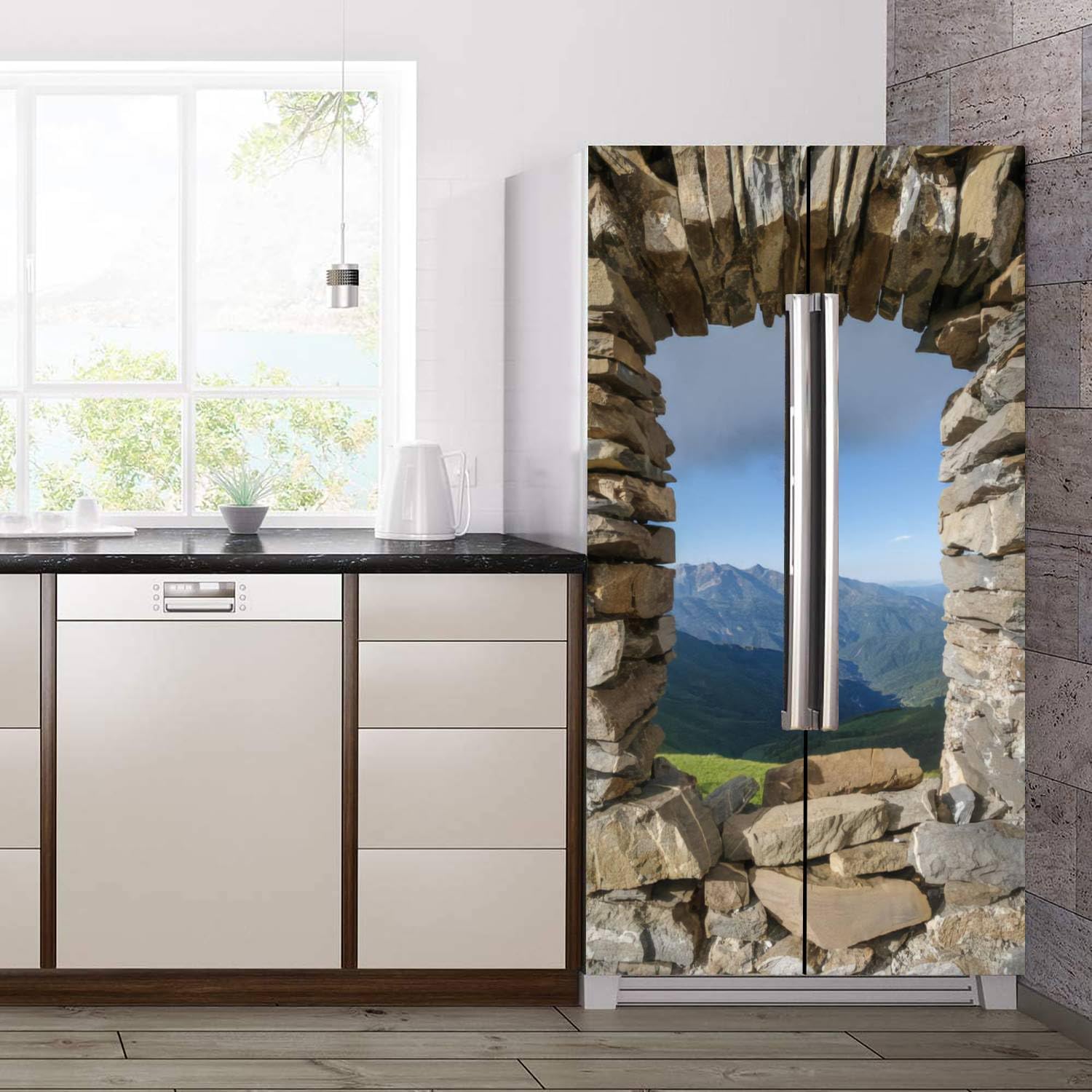 Juego de envoltorio de vinilo autoadhesivo para refrigerador, diseño de montañas vistas desde el interior de una ventana arruinada, adhesivo
