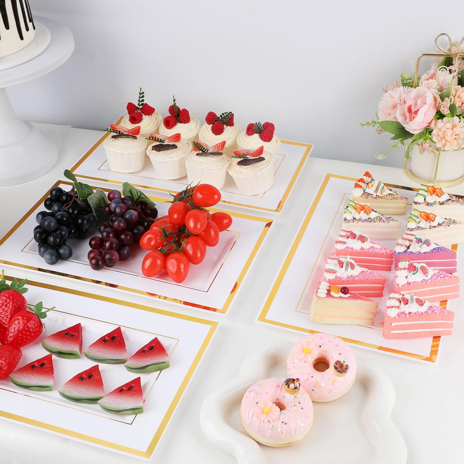 12 bandejas de plástico blanco para servir con borde dorado, bandejas rectangulares de postre de 14 x 9 pulgadas para mesa de postre, platos