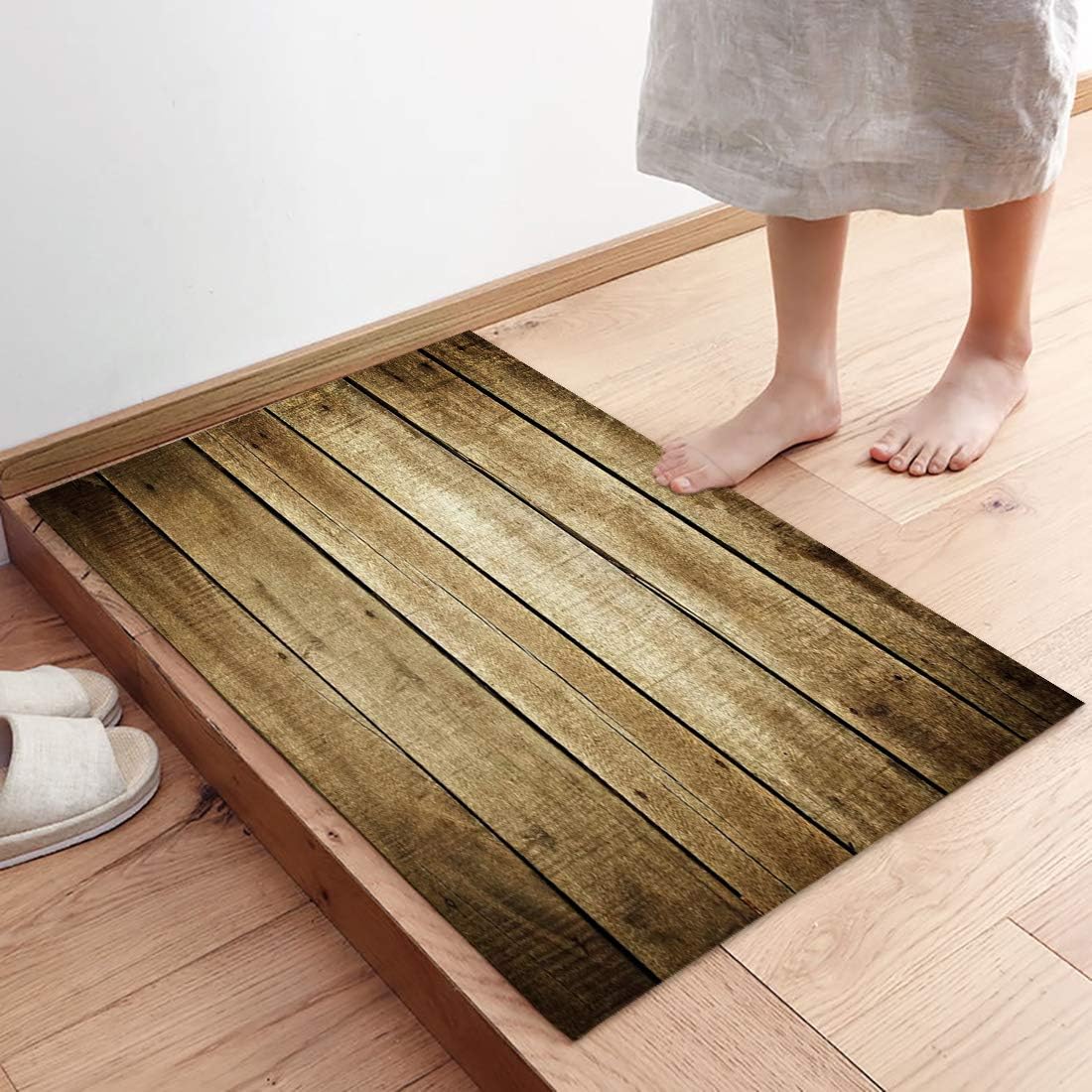 Tapete de cocina y baño, tapete de madera marrón con estilo vintage, antideslizante, tapete de entrada para interiores y exteriores, absorbente,