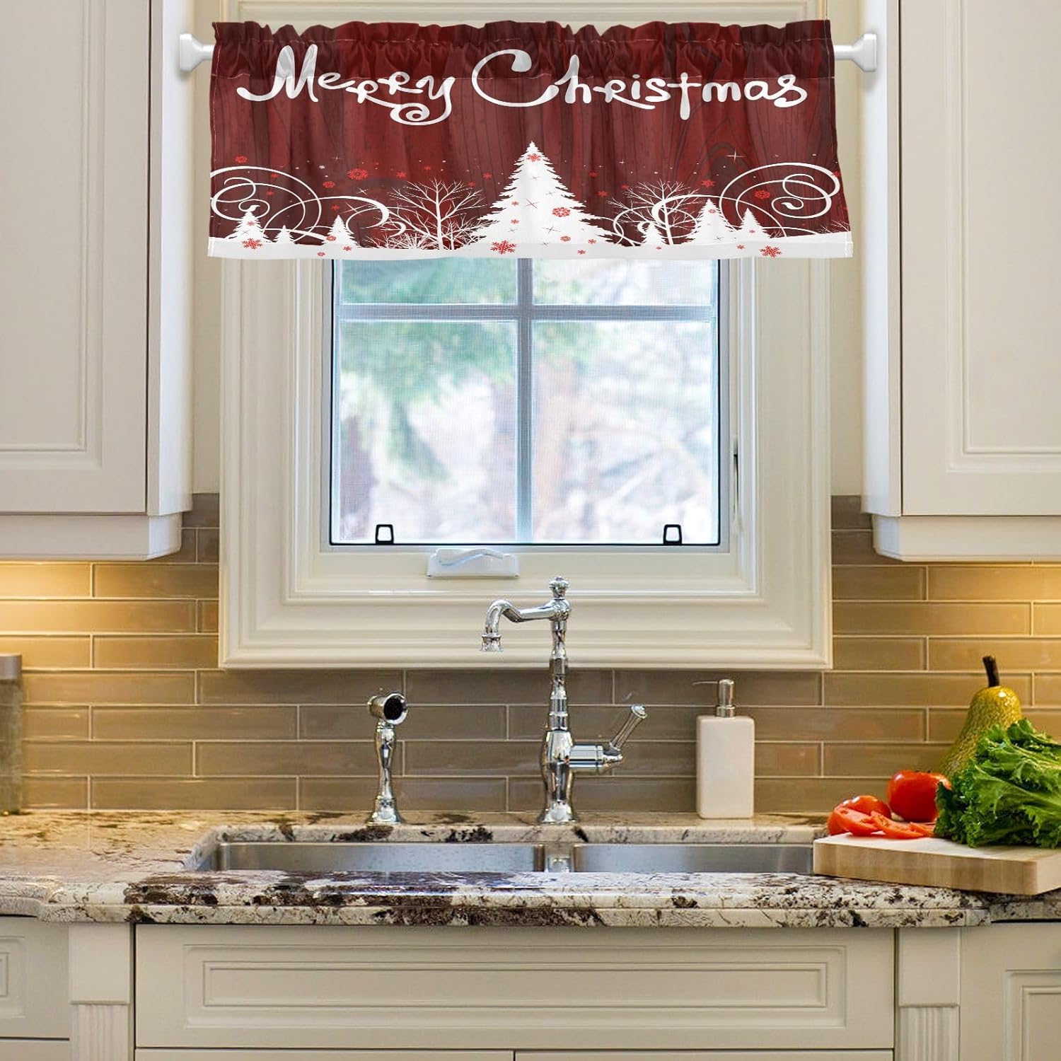 SUABO Cenefas de Feliz Navidad para ventanas, cenefas de cortinas de cocina, cenefas con bolsillo para barra, para cocina, sala de estar,