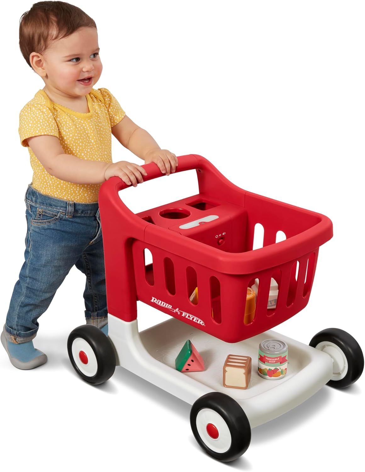 Radio Flyer Escanea y clasifica el carrito de compras con luces y sonidos, andador de bebé con ruedas, carrito de compras rojo para niños a partir
