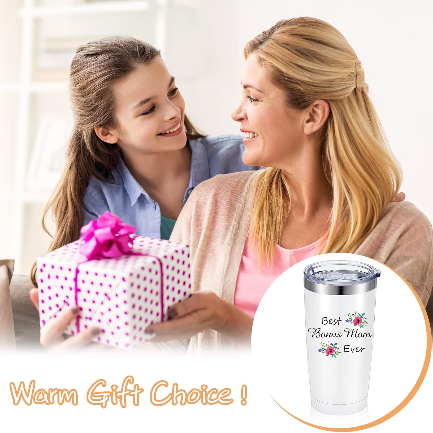 Best Ever Mom – Vaso de 20 onzas con tapa, cepillo para popote y caja de regalo (color blanco)