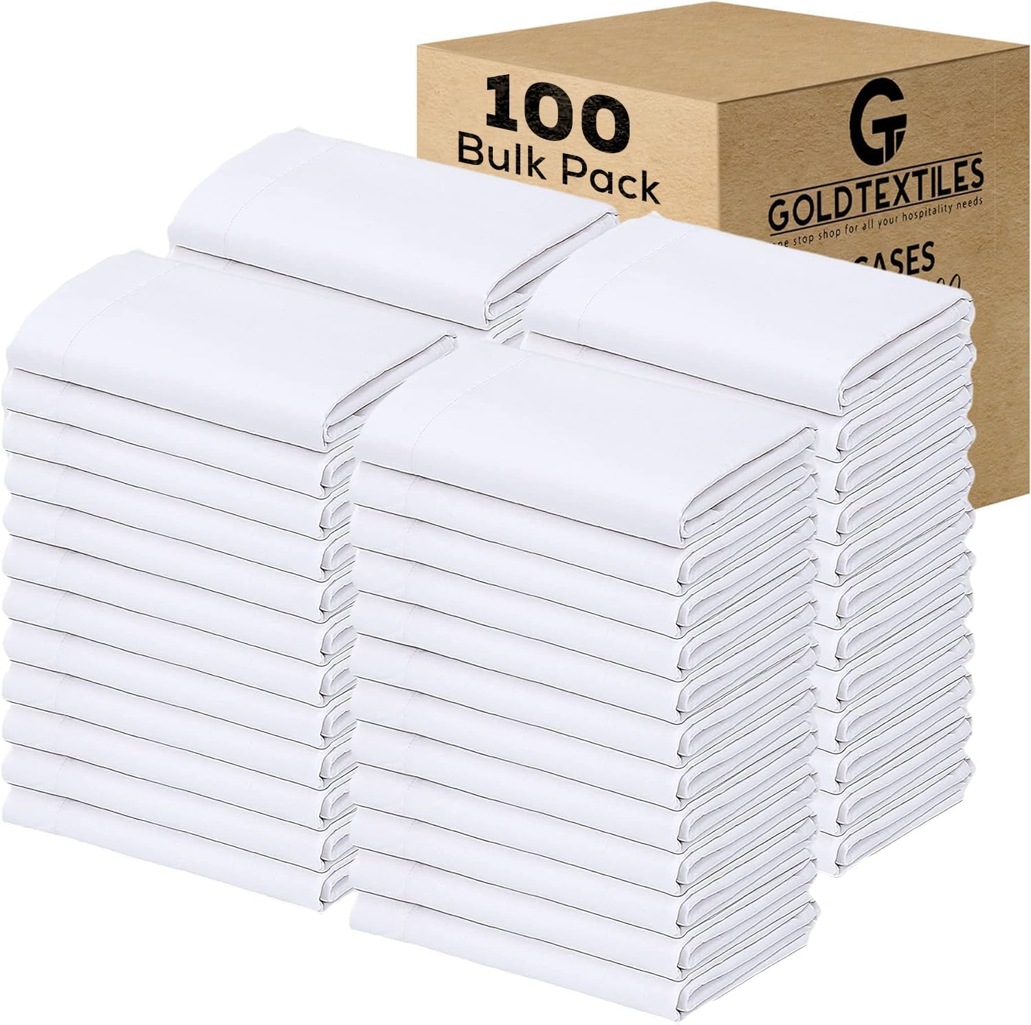 GOLD TEXTILES Paquete a granel de 100 fundas de almohada de polialgodón tamaño Queen, color blanco T200-21 x 36 pulgadas (se adapta a almohadas de