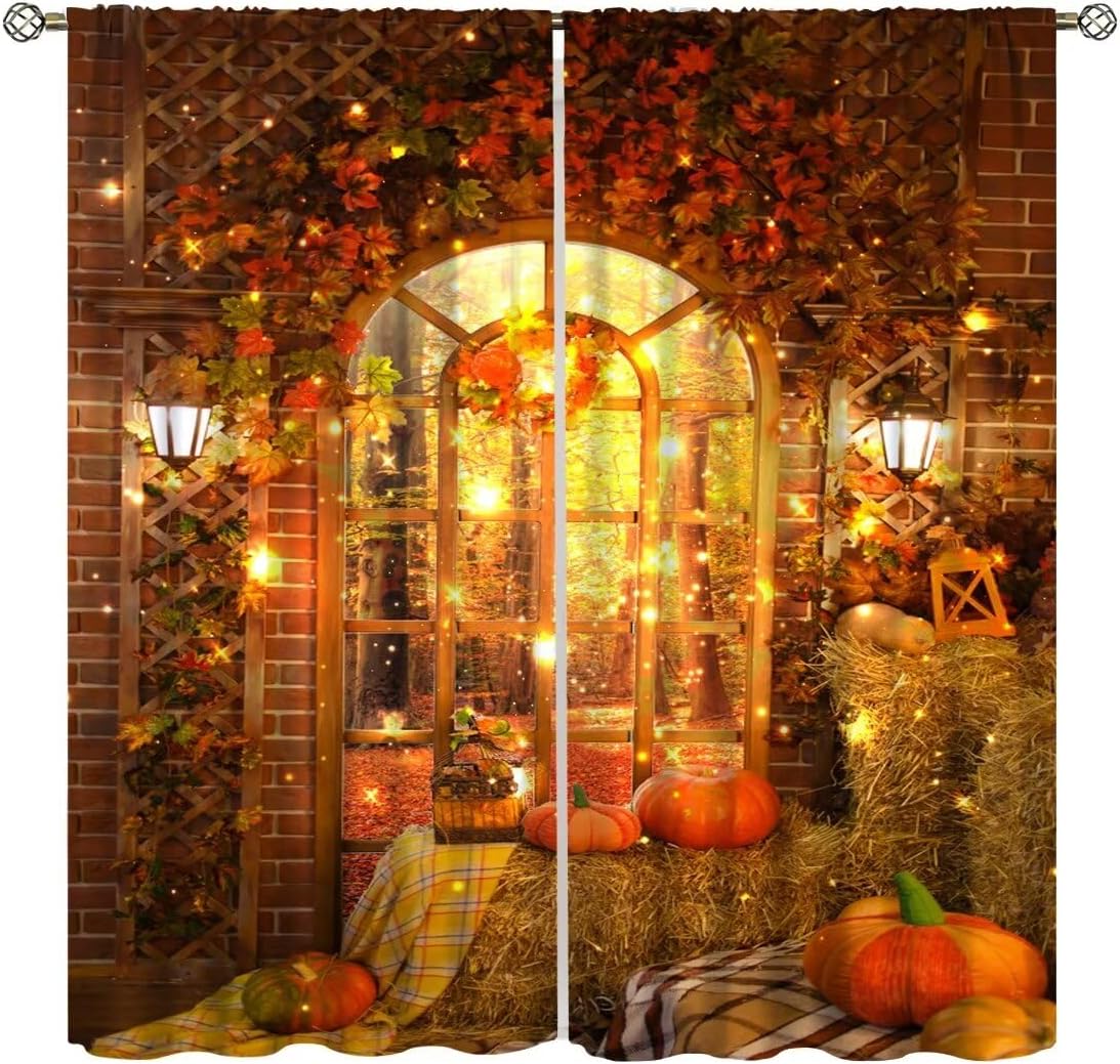 Cortinas de calabaza de cosecha de otoño, Acción de Gracias, hojas de arce otoñales, tratamientos de ventana para dormitorio, sala de estar, cocina,