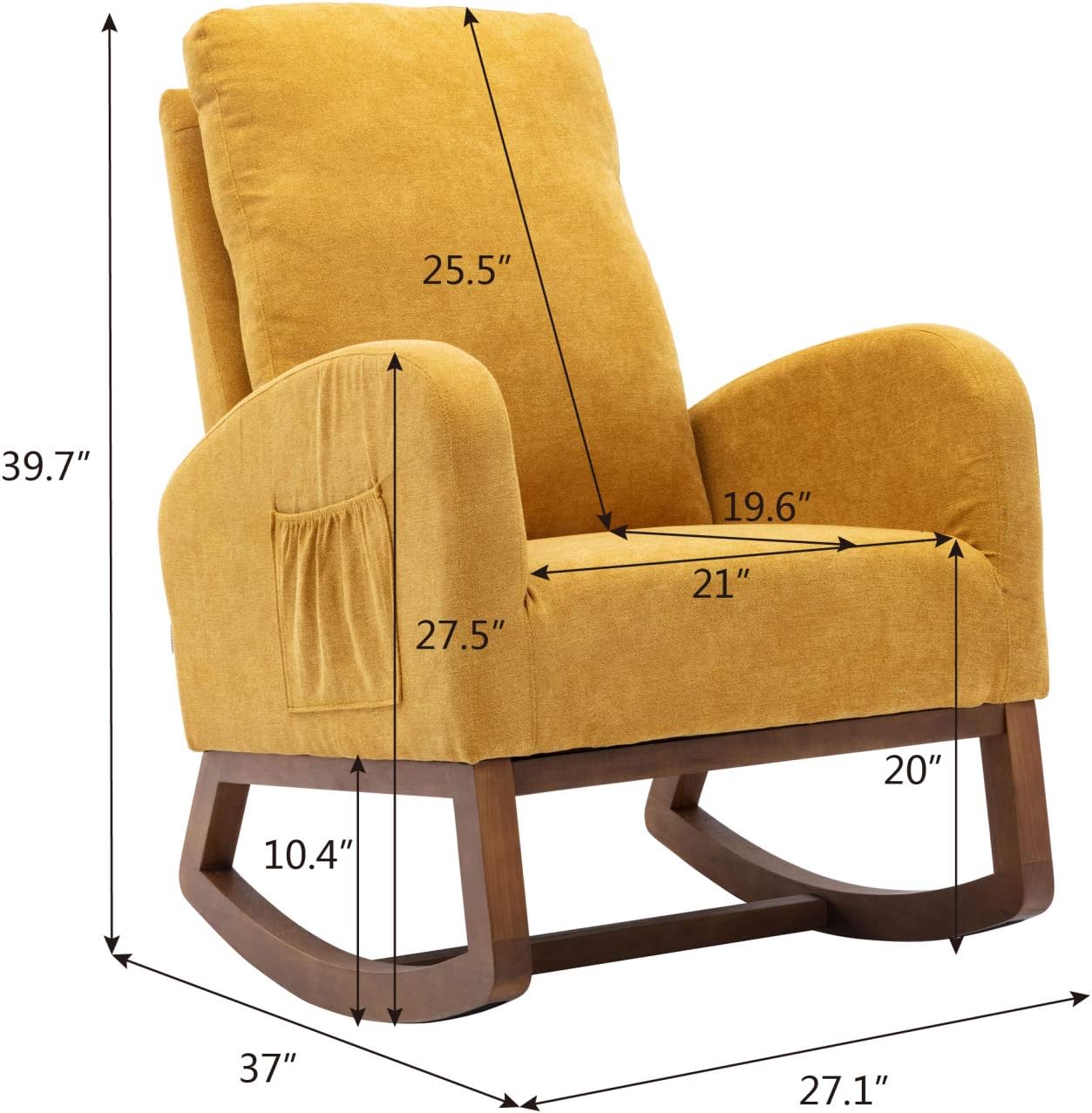 Pannow Mecedora tapizada de mediados de siglo, moderna silla mecedora para guardería, con respaldo alto tapizado, mecedora con 2 bolsillos laterales