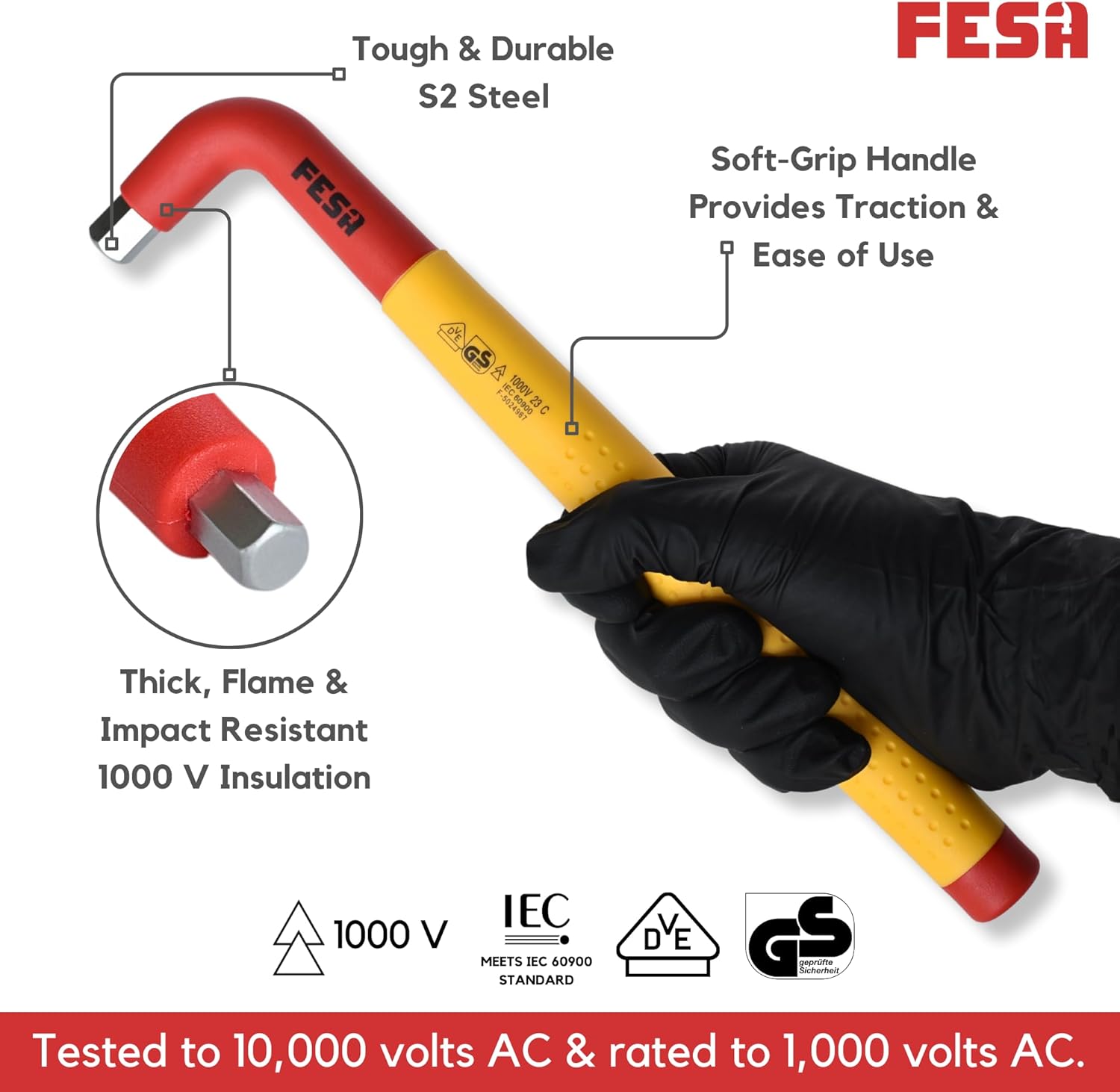 FESA Juego de llaves hexagonales aisladas, 1000 V, 7 piezas, juego de llaves hexagonales métricas profesionales con asas de tracción aisladas y