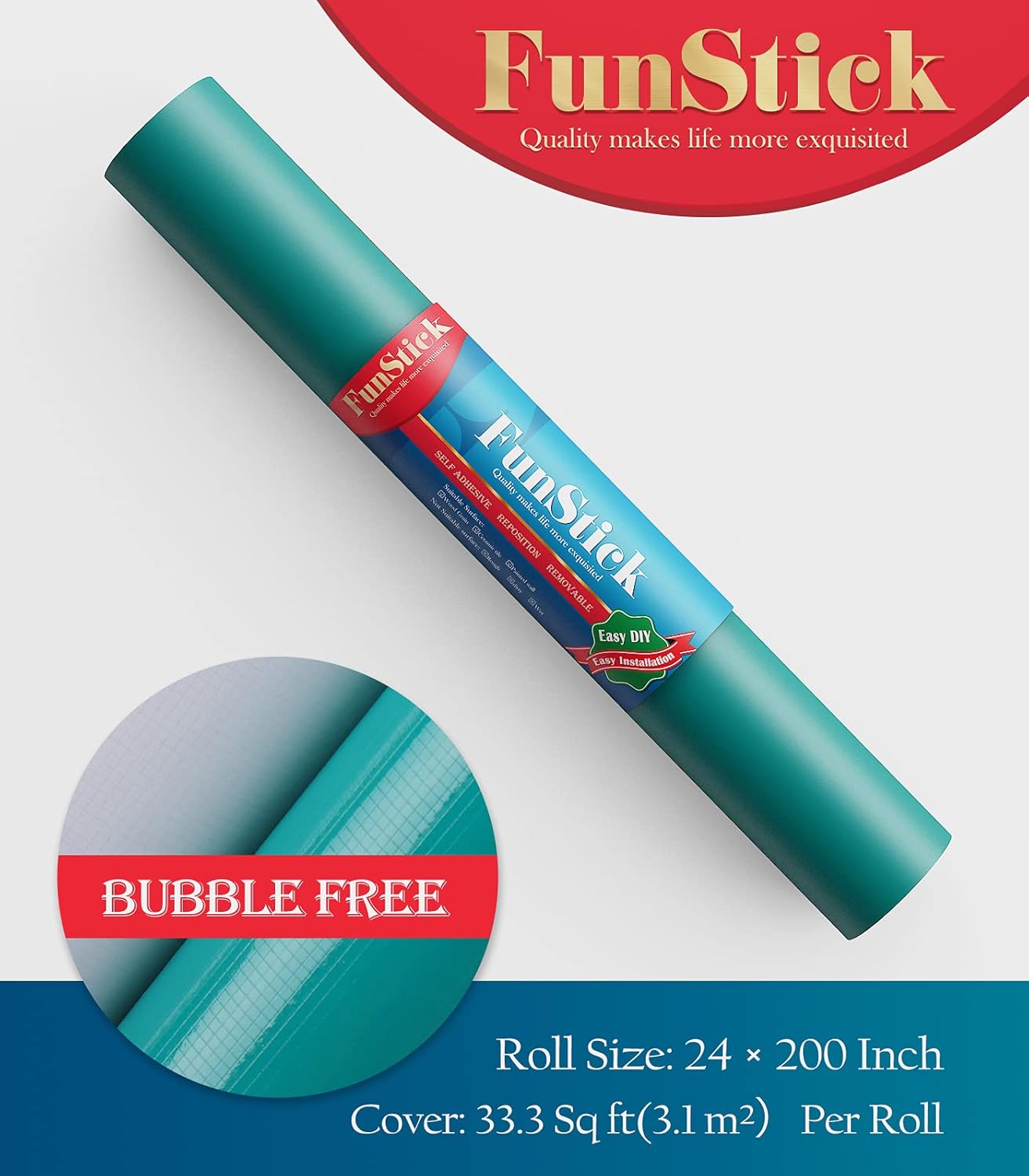 FunStick Papel tapiz de 24 x 200 pulgadas, color verde azulado mate, papel de contacto autoadhesivo de color verde azulado, papel de pared de vinilo