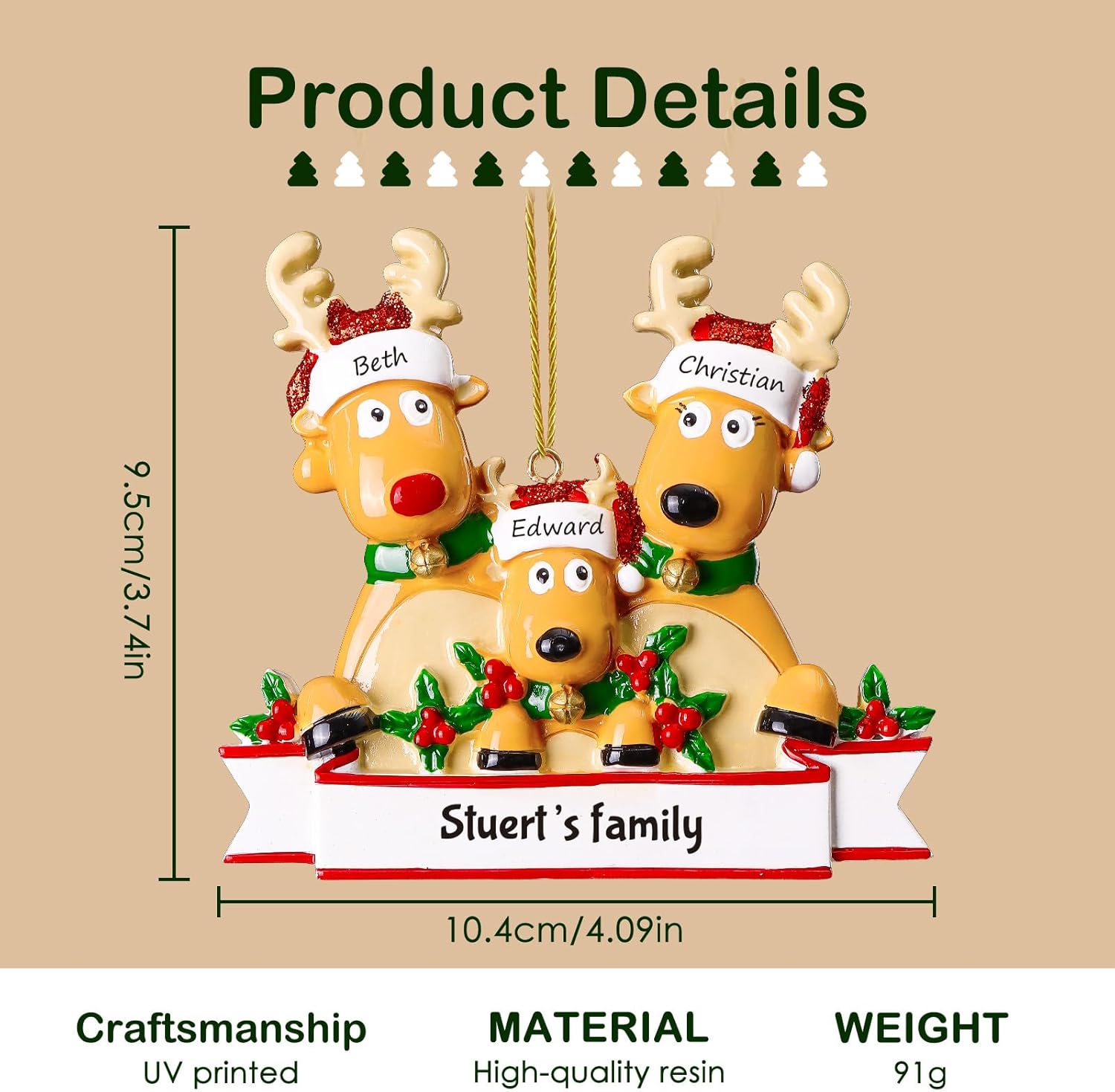 Adornos de Navidad personalizados de ciervo, familia de 2, 3, 4, 5, 6, 7, 8  Adorno de Navidad personalizable con nombre de reno, texto para árbol