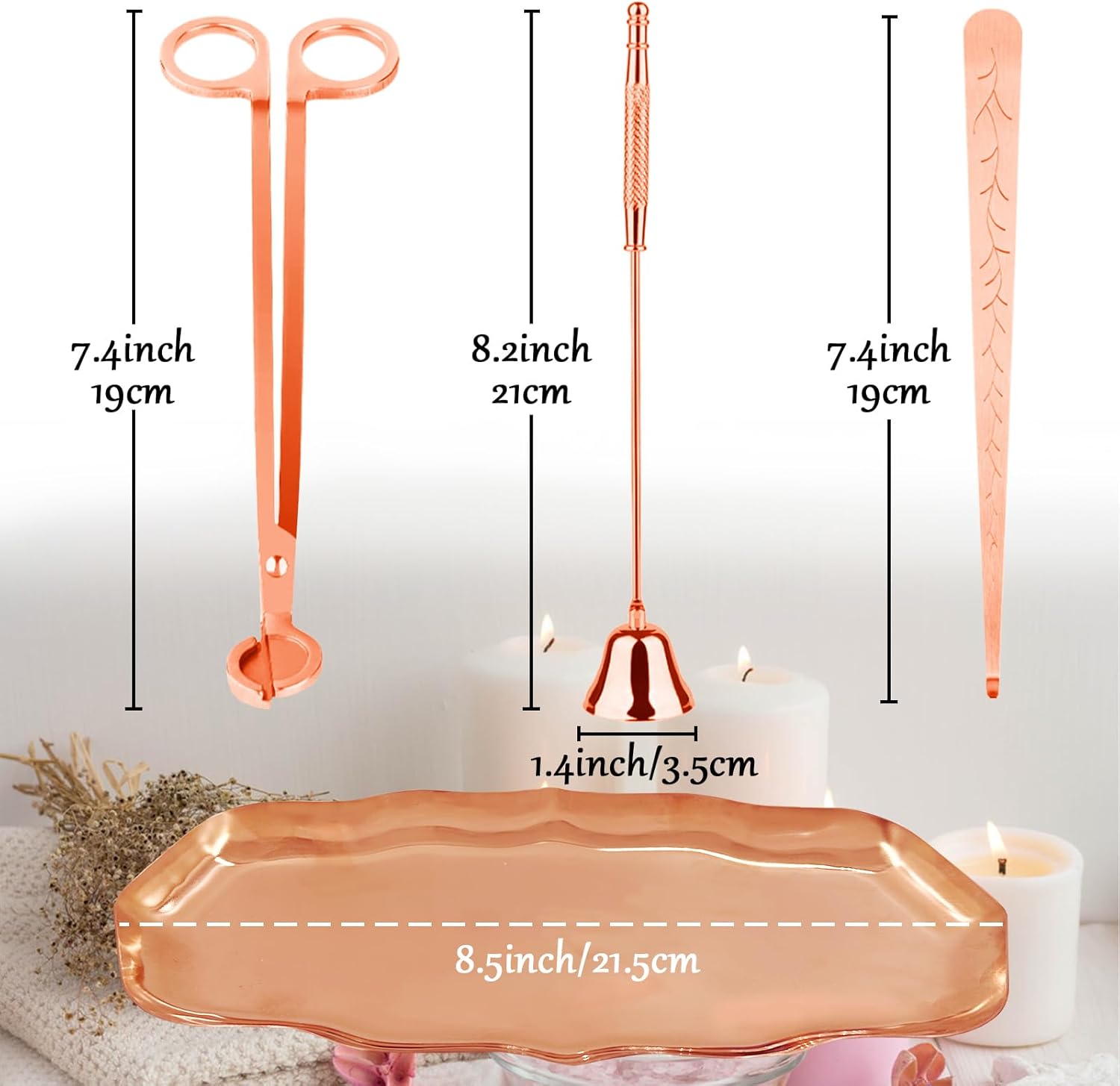 Juego de accesorios de velas 4 en 1, recortador de mecha de vela, desinflador de velas, plato de bandeja de almacenamiento con bolsa portátil caja