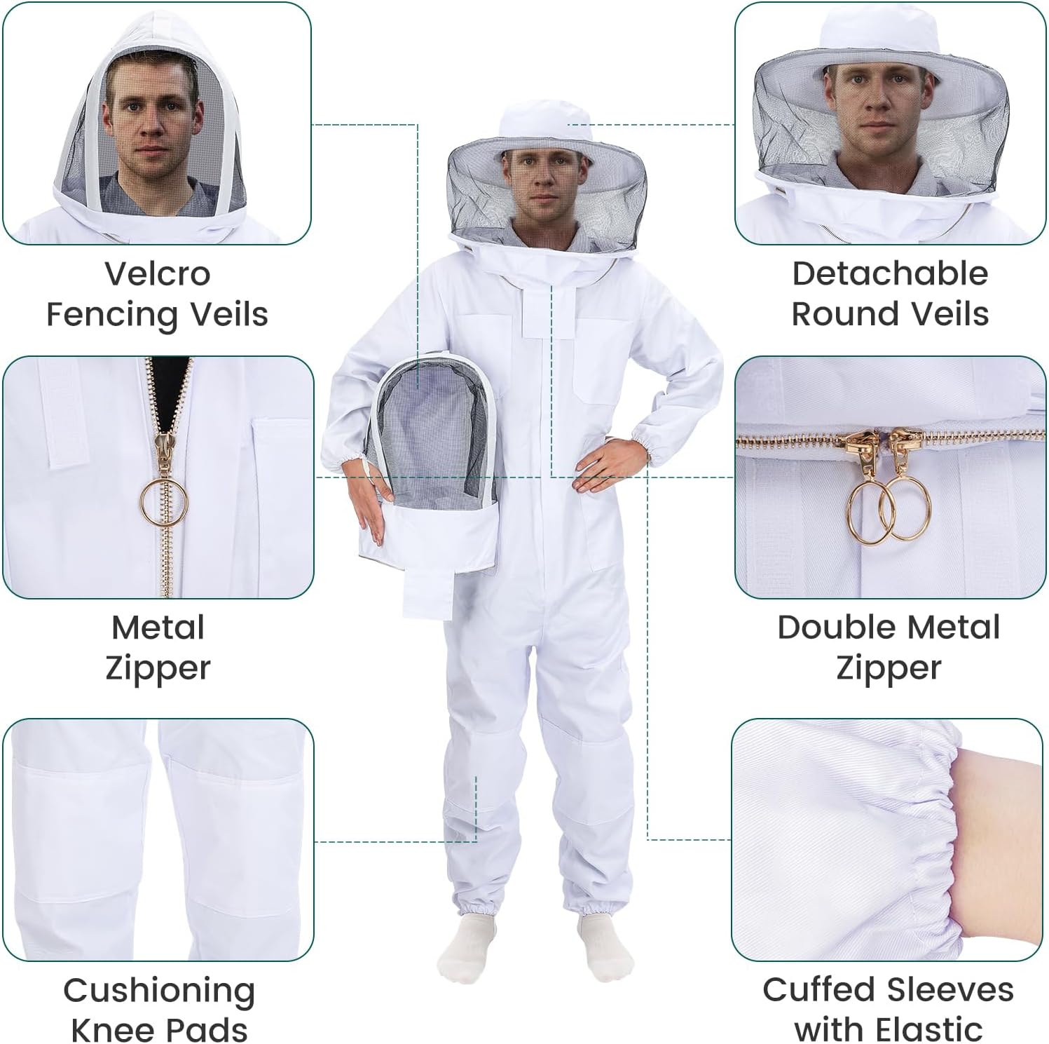 Traje de abeja para hombres y mujeres con guantes y 2 capotas de velo, a prueba de picaduras, traje de apicultura a prueba de picaduras, tela