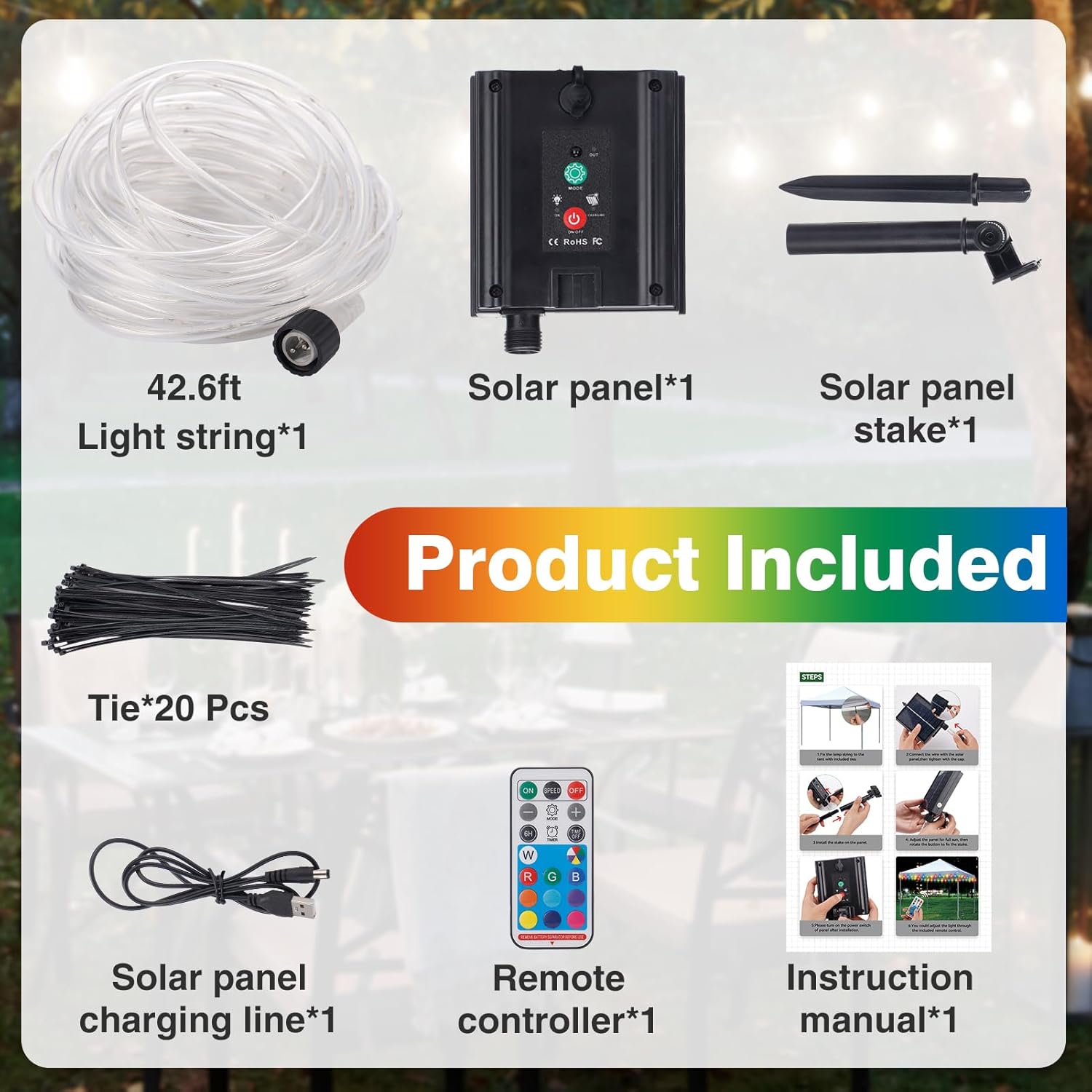 Luces LED de toldo de 42.6 pies con energía solar y USB, control remoto, luces multicolor, tiempo de uso más largo, luces más brillantes, luces de