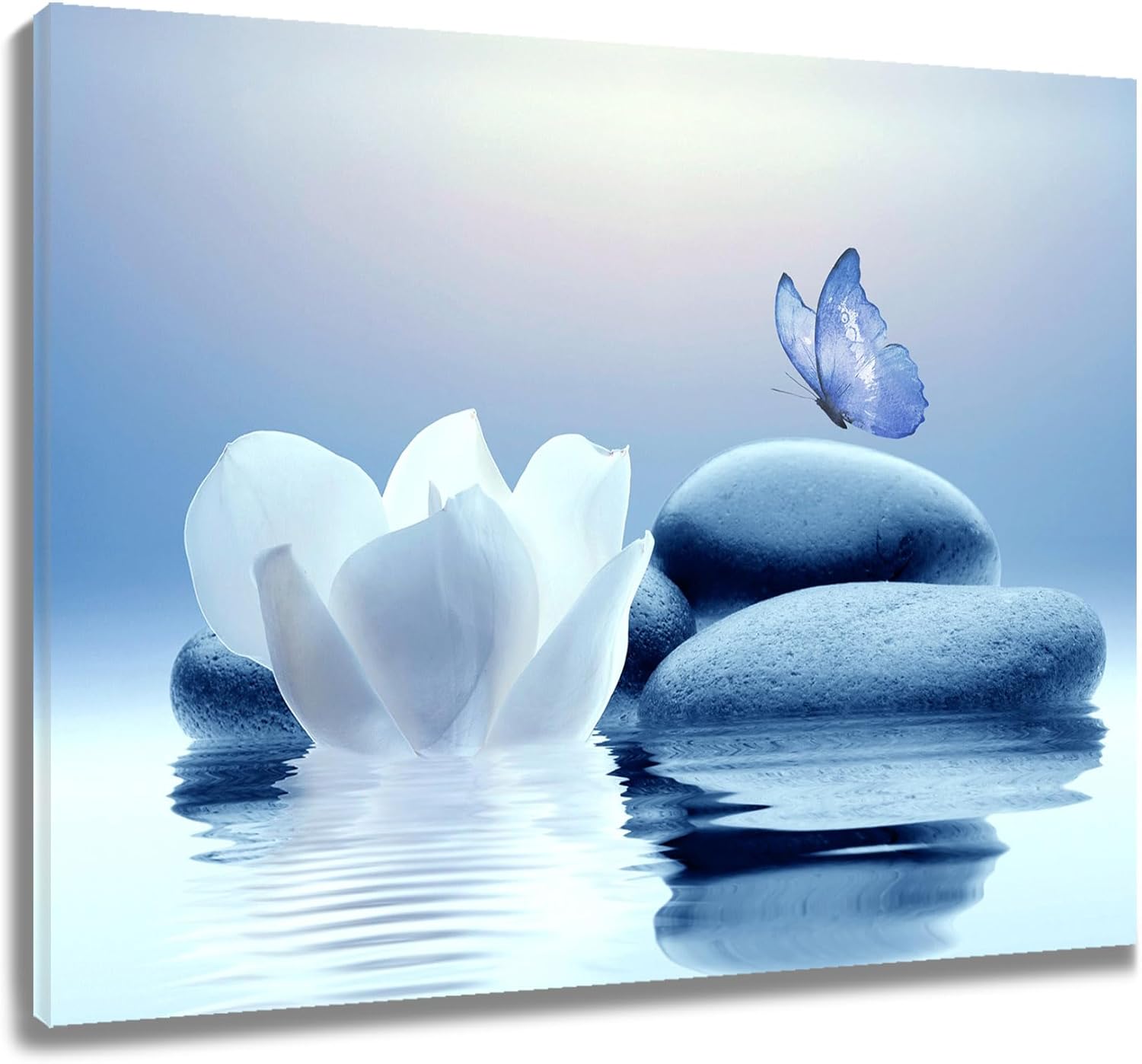 EOBTAIN Lienzo de flores blancas zen, arte de pared, diseño floral y mariposa azul sobre piedra, cuadro moderno enmarcado para yoga, spa, pintura