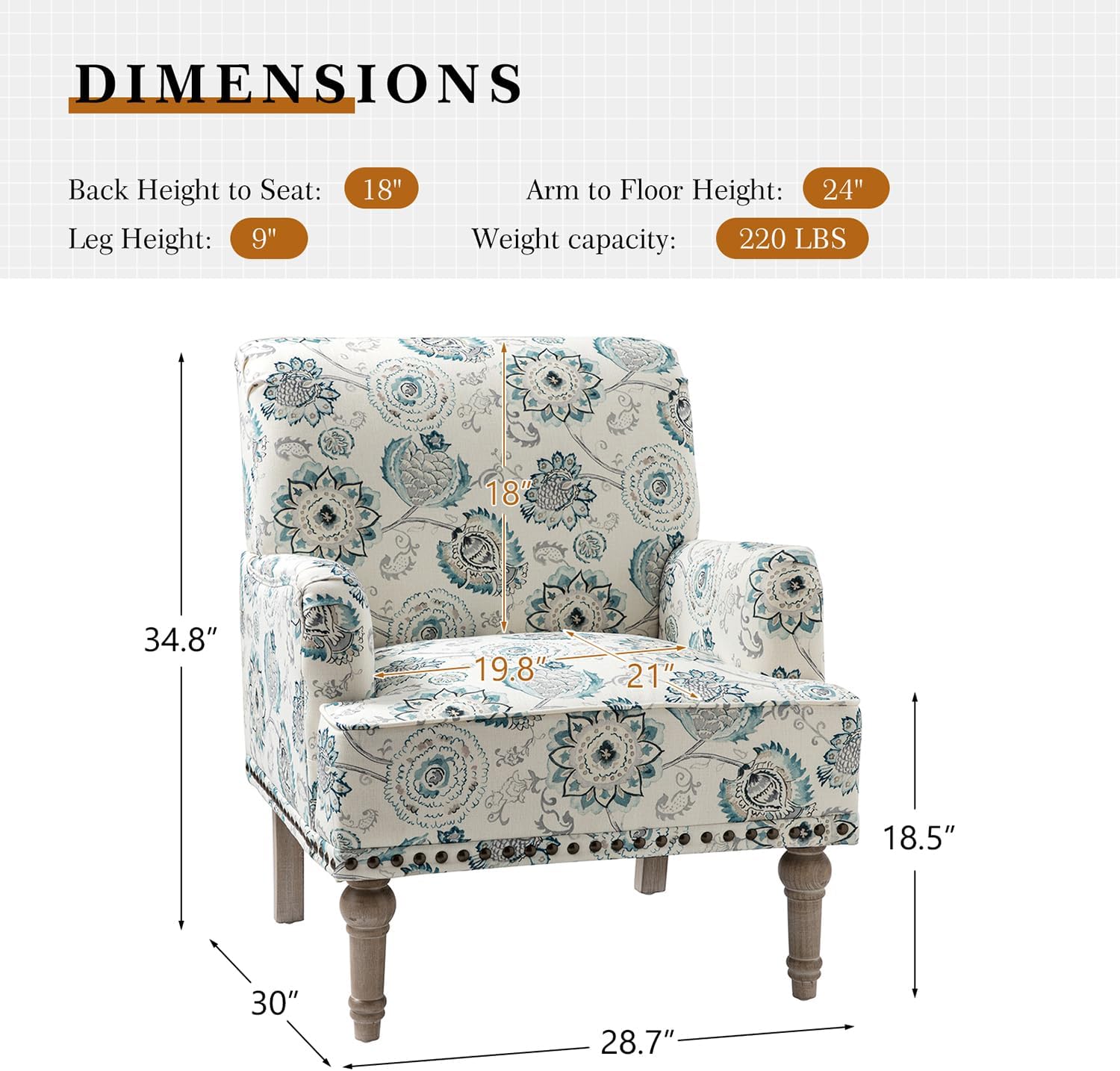 HULALA HOME Sillón moderno con patas de madera y ribete de cabeza de clavo, cómoda silla decorativa tapizada para sala de estar y dormitorio