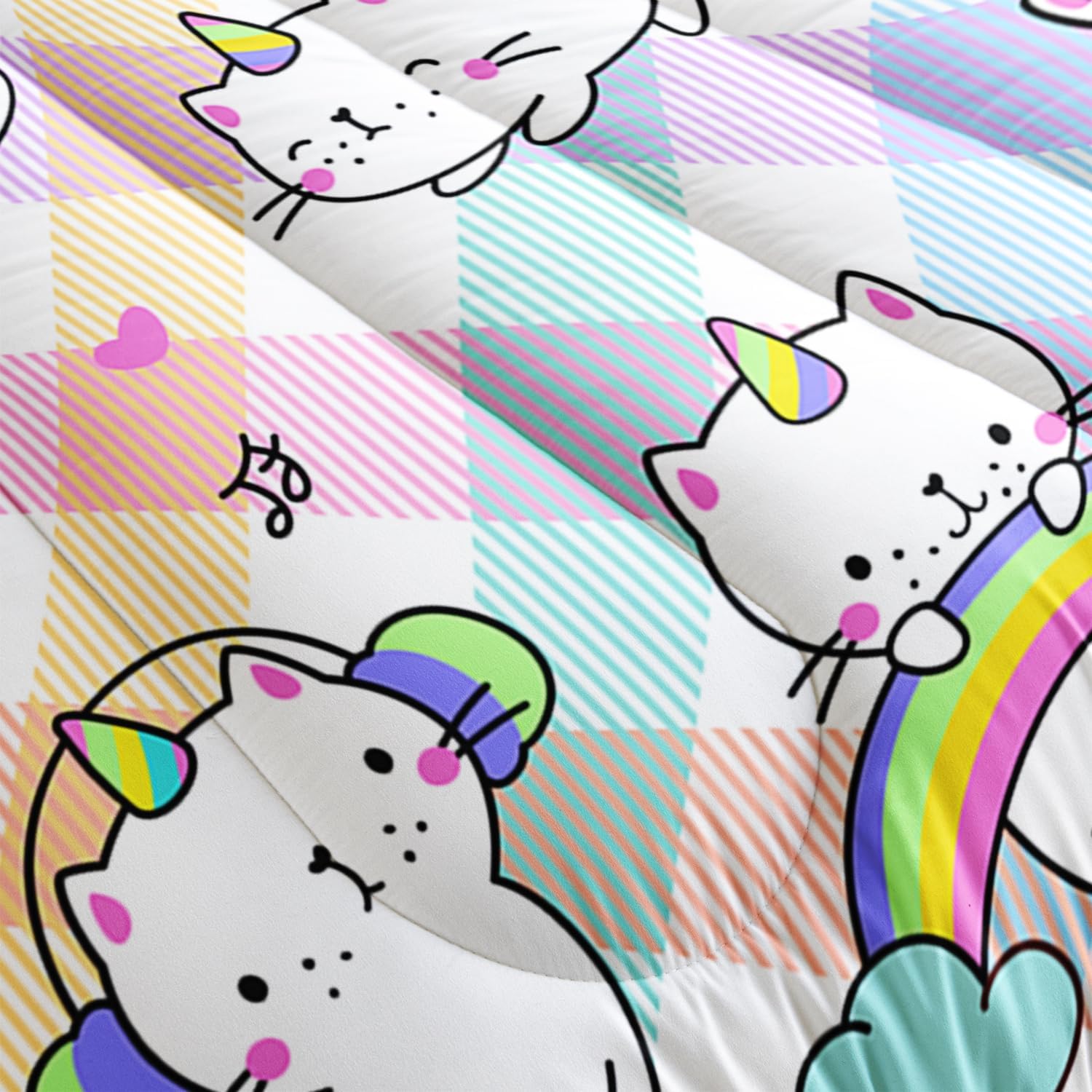 AILONEN Juego de edredón de gatos de unicornio, tamaño individual, juego de ropa de cama de unicornio arcoíris para niños y niñas, bonito juego de