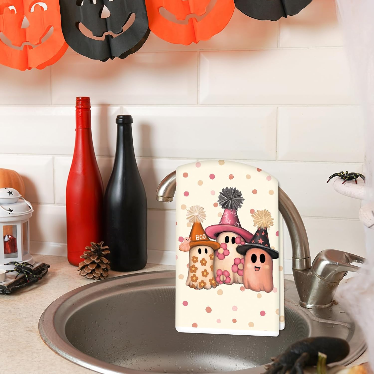 AnyDesign Toalla de cocina de Halloween Boo, paño de cocina rosa, lindo fantasma, toalla de té decorativa de secado a mano para Halloween,