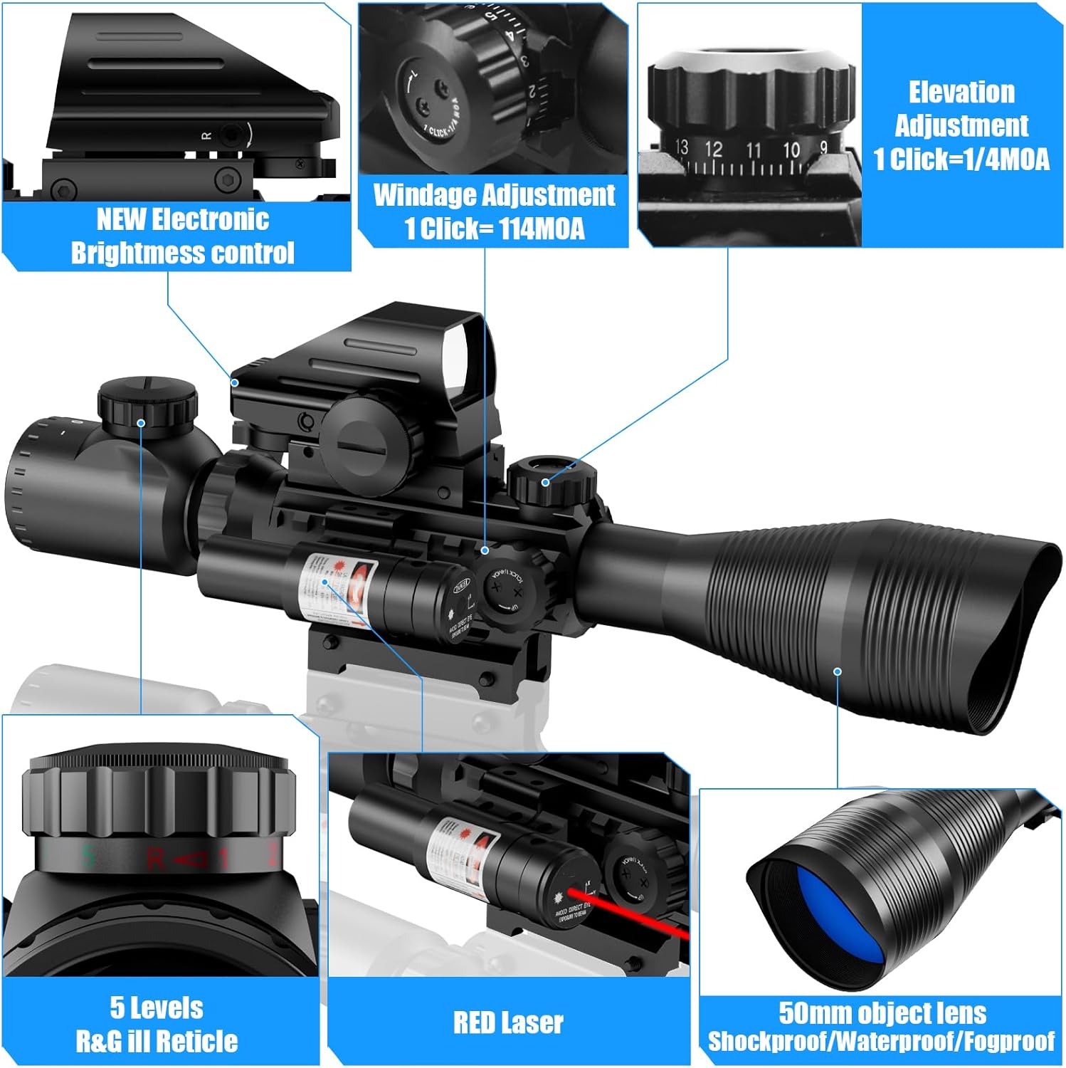4-1216x50EG Rifle Scope Combo Dual Illuminated RedGreen with GreenRed Laser 4 Models Holographic Reticle Red Dot for Rail Mount