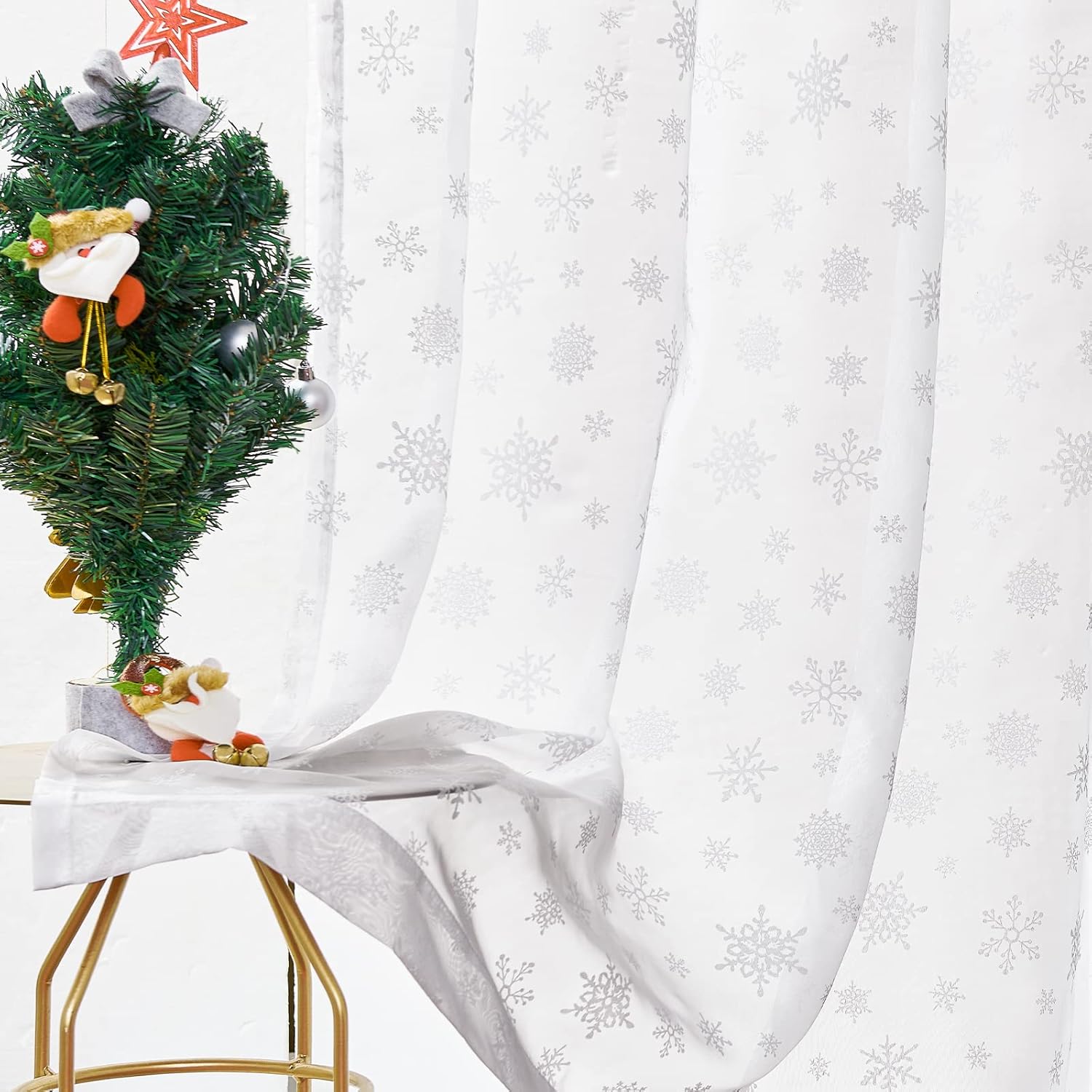 jinchan Cortinas de Navidad transparentes blancas con diseño de copo de nieve de 54 pulgadas de largo para dormitorio, cortinas de nieve con