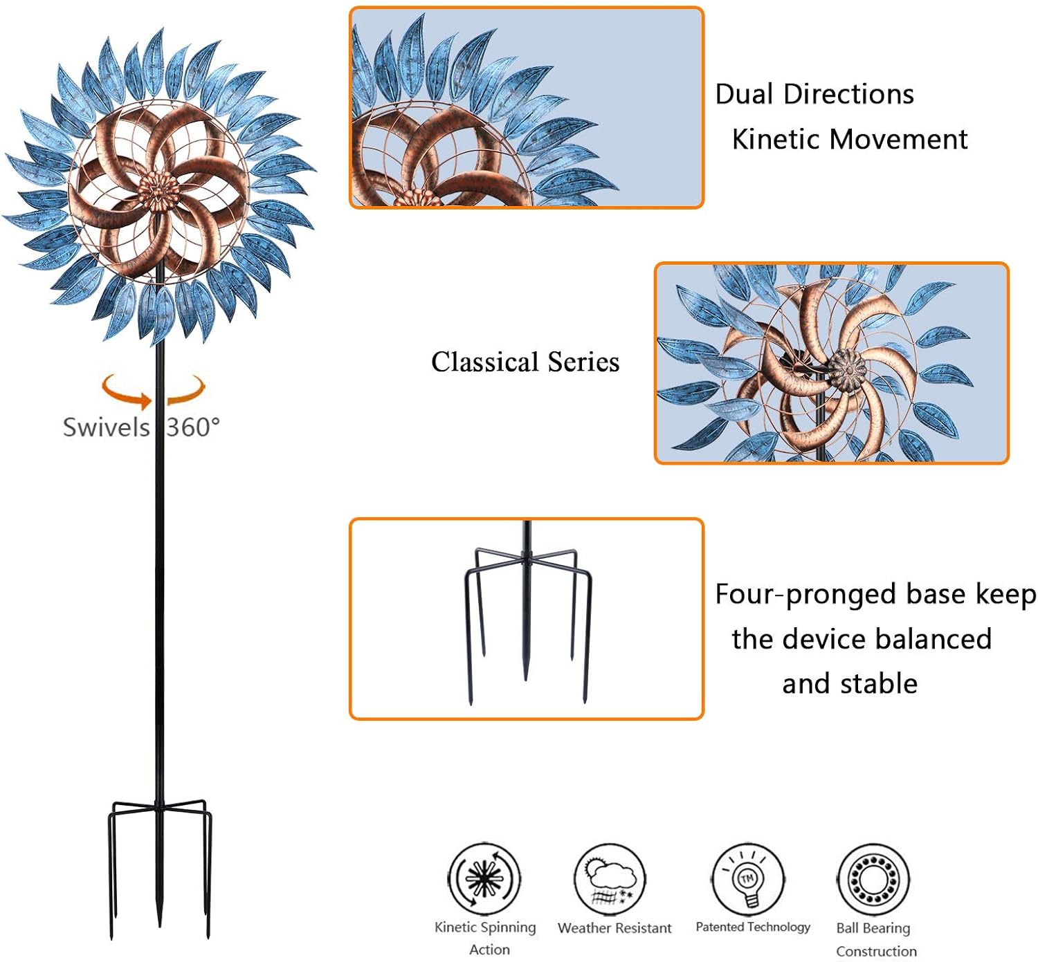 VCUTEKA Molino de viento grande de metal para interiores y exteriores, esculturas de viento de dos vías para decoración de jardín y patio