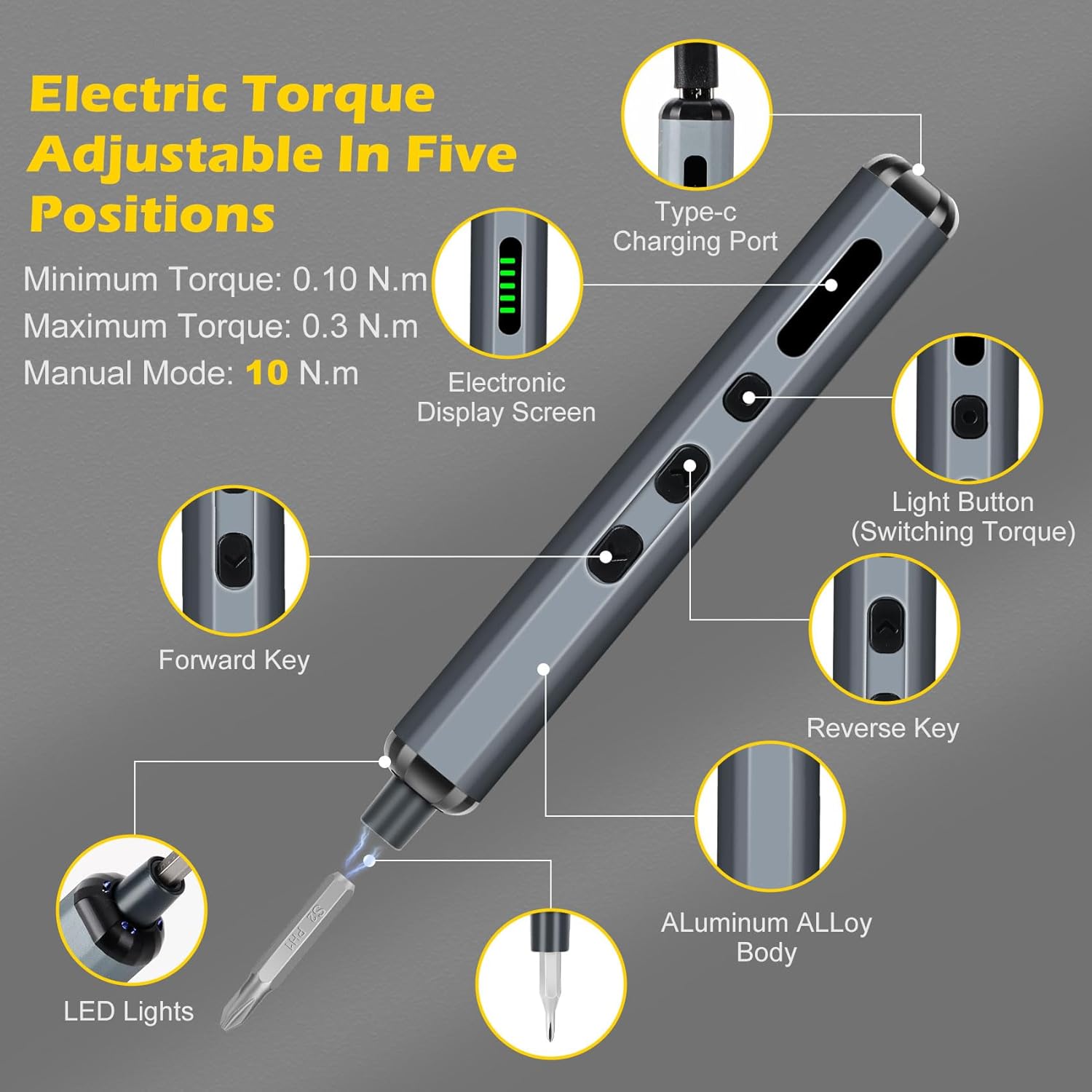 Mini destornillador eléctrico, juego de destornilladores de precisión con luz LED y 64 puntas magnéticas, 5 ajustes de par, herramienta de