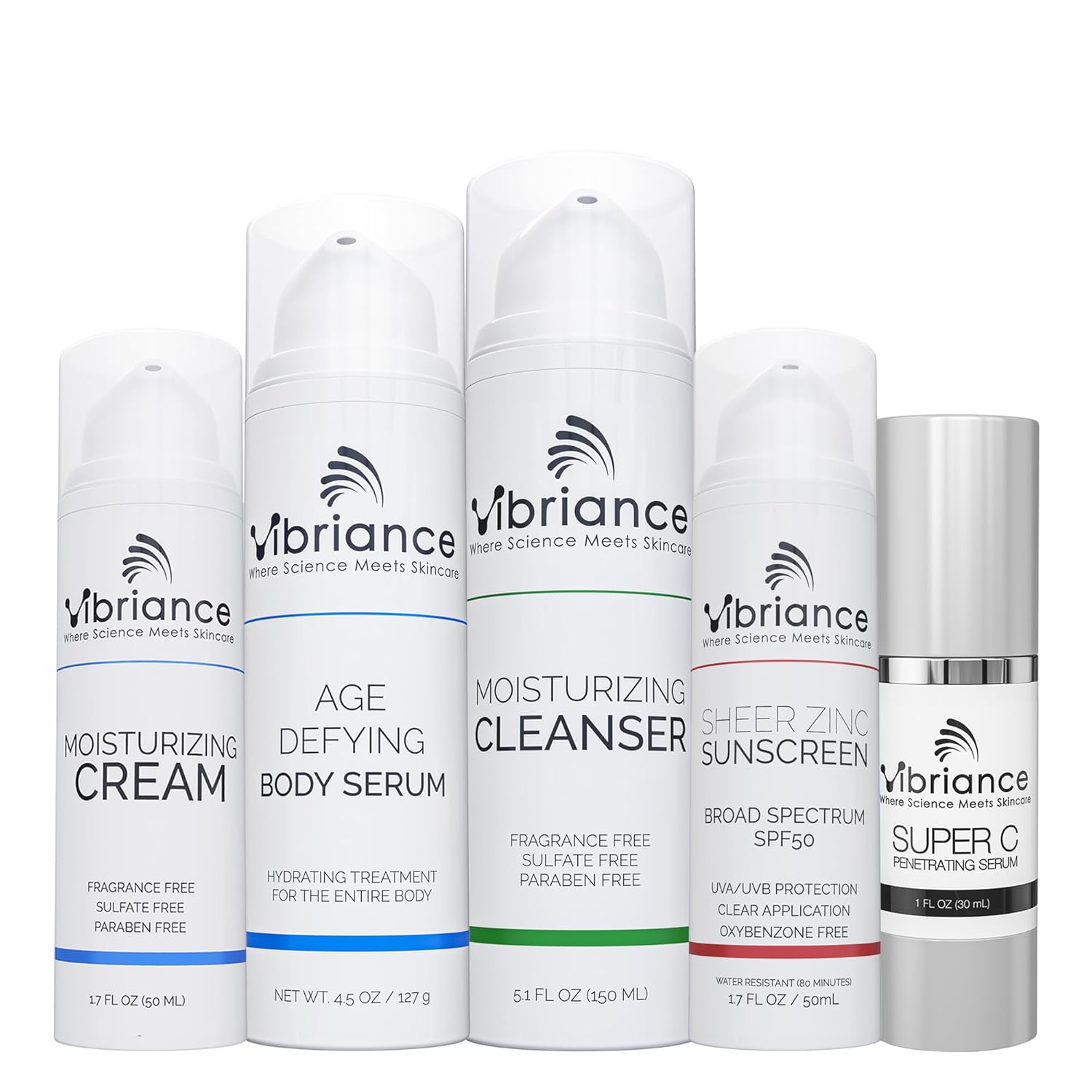 Vibriance Paquete prémium para el cuidado de la piel  Suero todo en uno Super C, limpiador hidratante, crema hidratante, protector solar de zinc