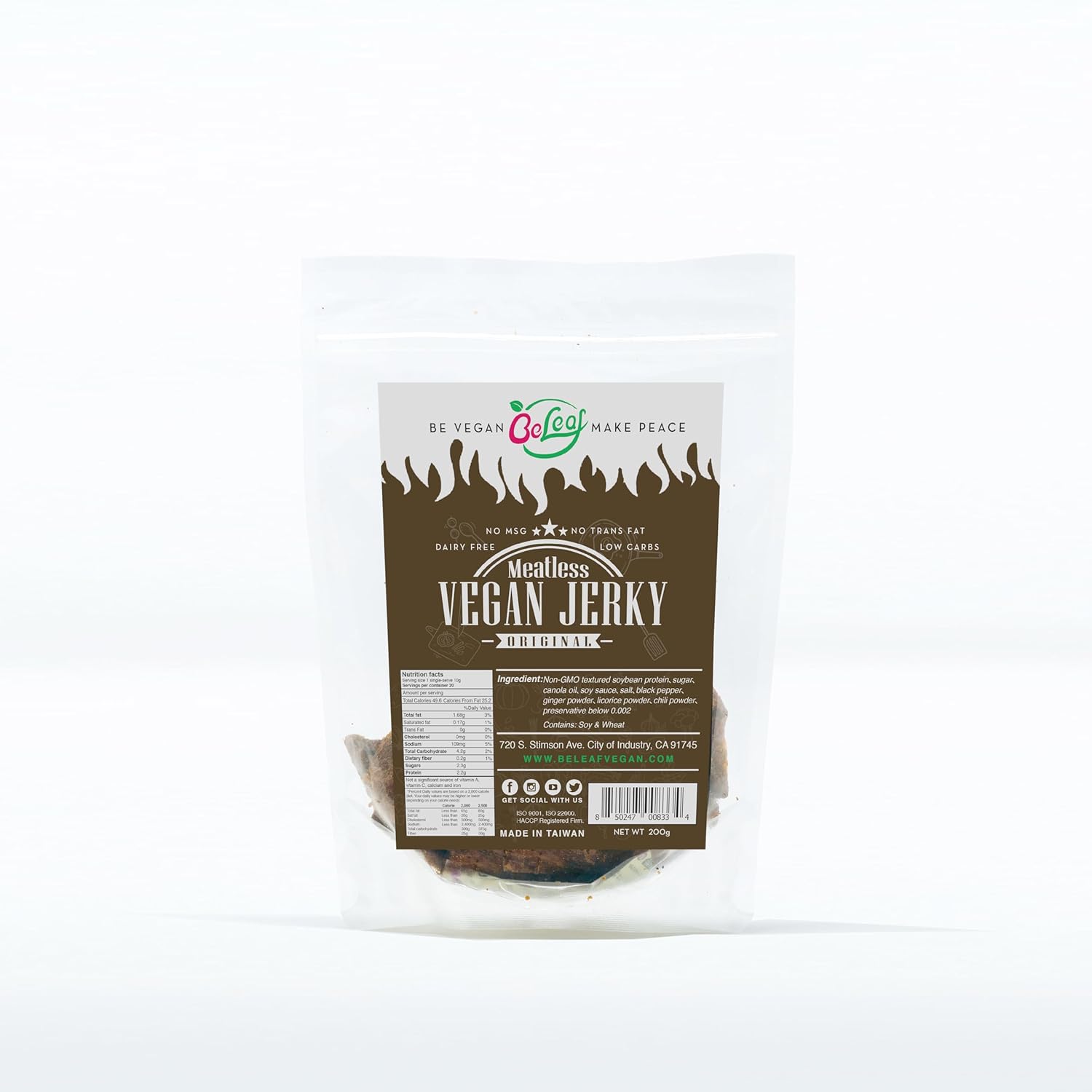 BELEAF Original Vegan Jerky  Cecina a base de plantas similar a la carne ahumada, delicioso sustituto de carne, bajo en carbohidratos, sin OMG, sin