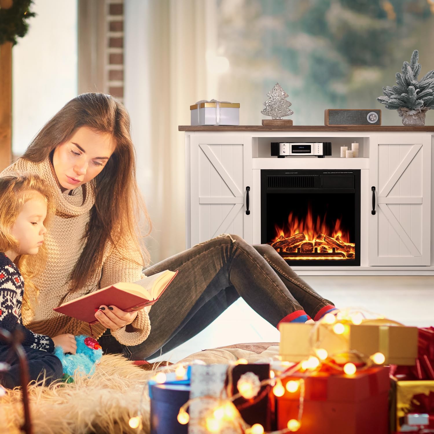 R.W.FLAME Soporte de TV con chimenea para TV de 50 pulgadas, moderno centro de entretenimiento con chimenea eléctrica de 20 pulgadas, consola de TV