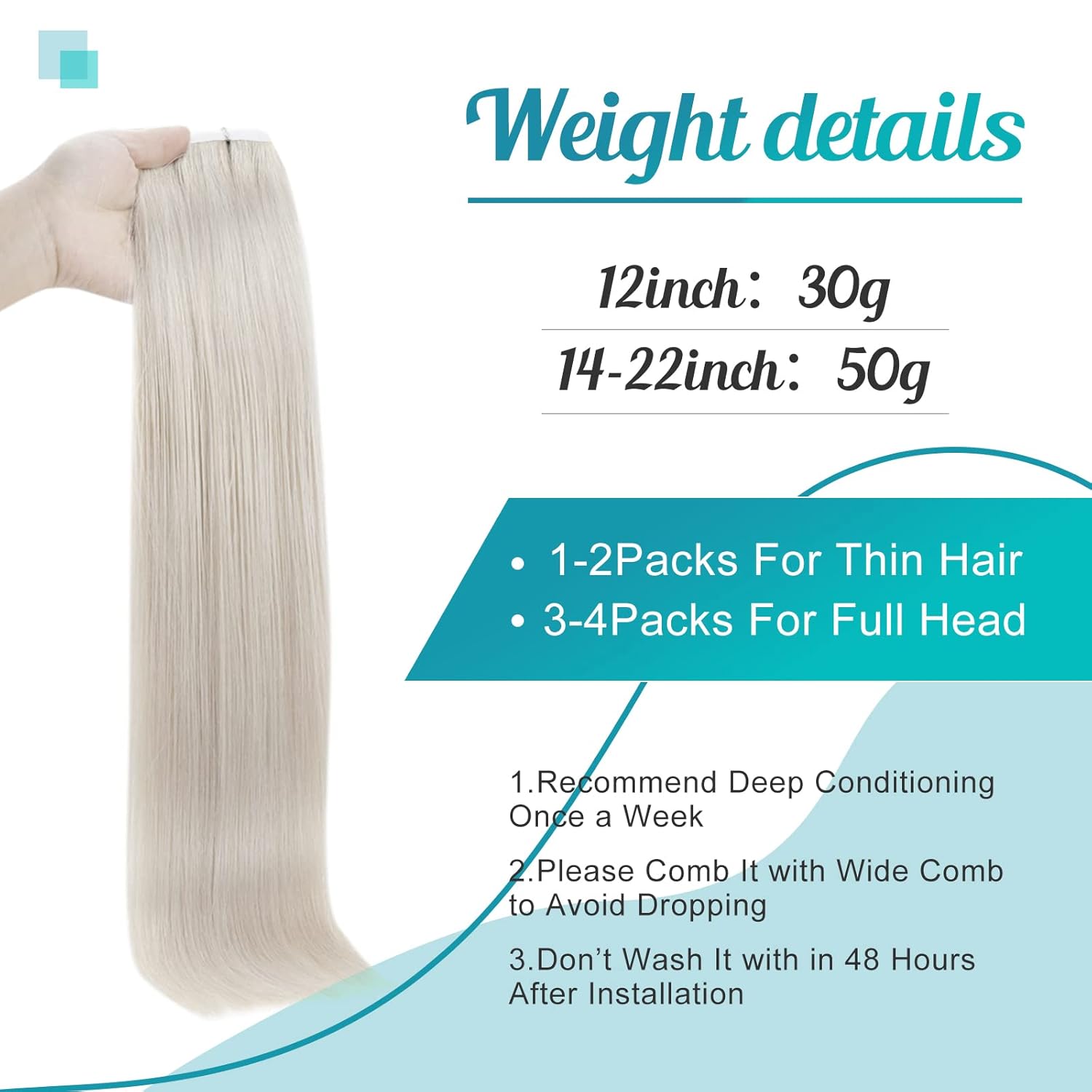 Fshine Extensiones de cabello humano Remy con cinta adhesiva, color rubio blanco, extensiones de cabello natural, sedosas, lacias, rubias, suaves y