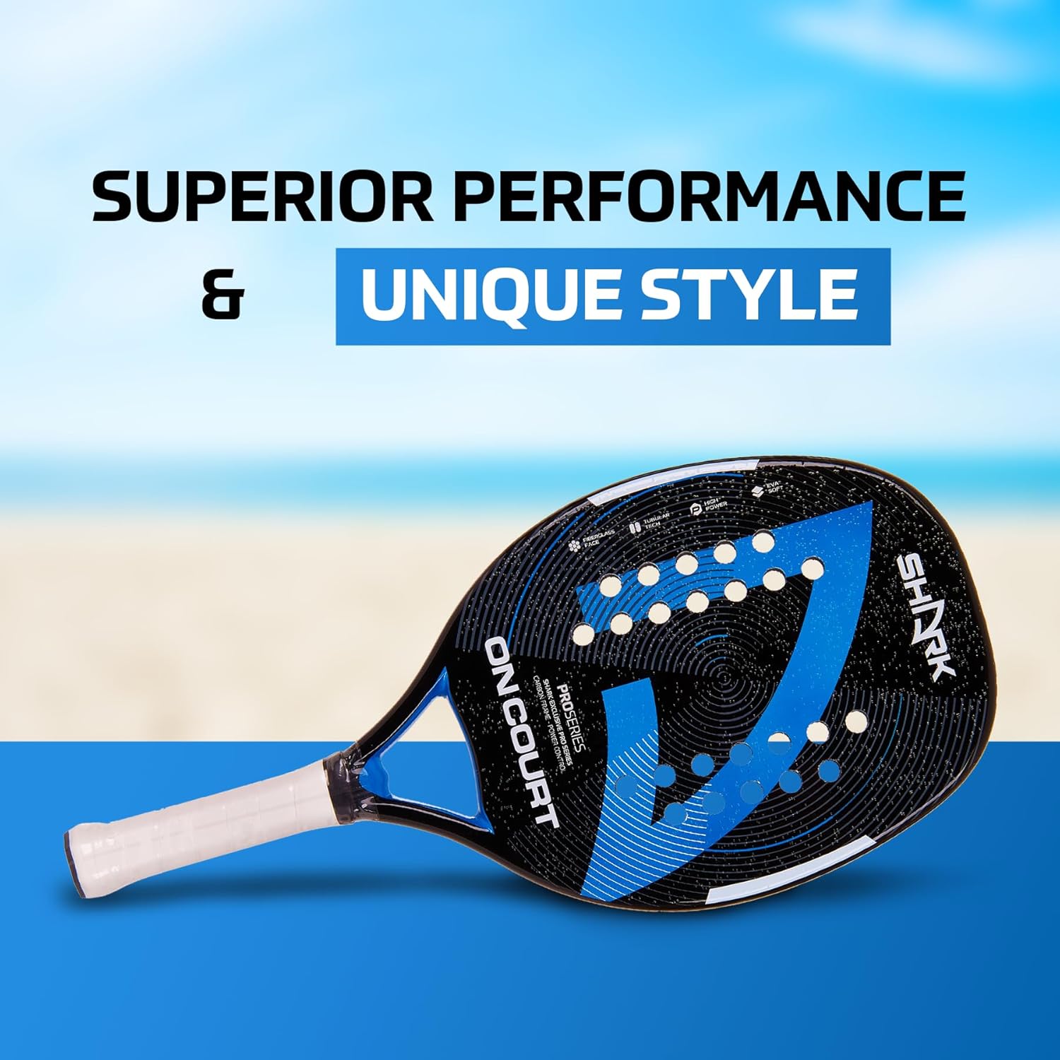 Shark On Court – Raqueta profesional de tenis de playa  Marco de carbono, cara de fibra de vidrio, grosor de 0.866 in  Nivel intermedio  Giro,
