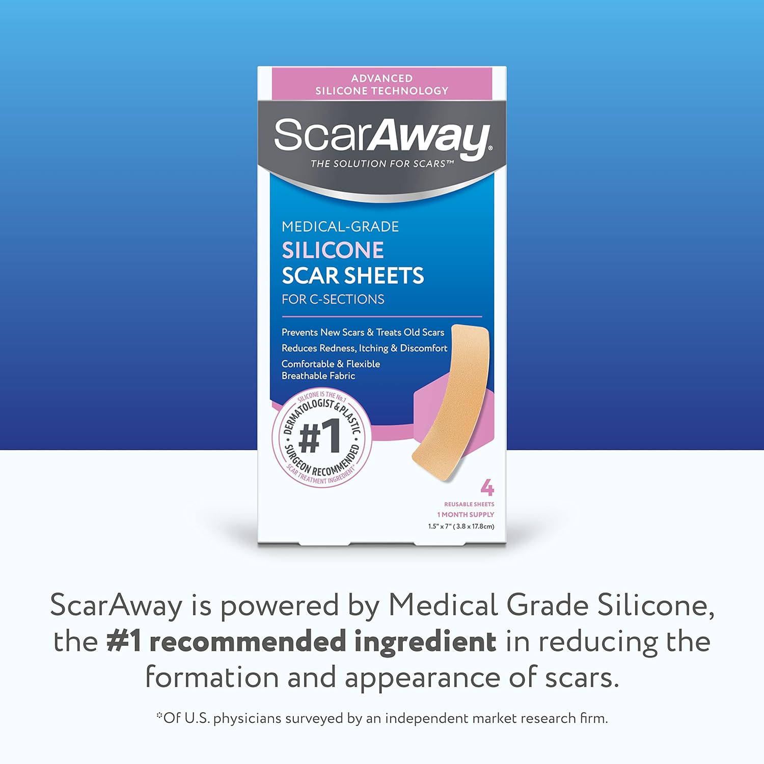 ScarAway Hojas avanzadas de silicona para cicatrices de sección C, hojas reutilizables (1.5 x 7 pulgadas) para cicatrices hipertróficas y queloides