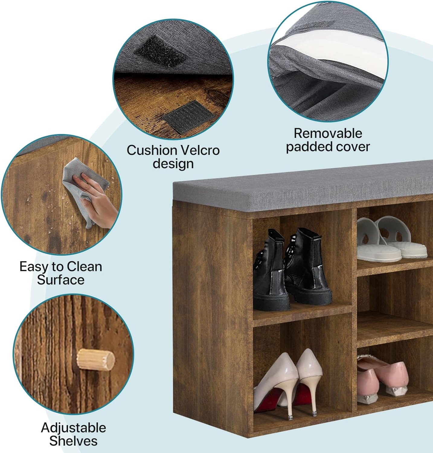YRLLENSDAN Banco de almacenamiento de 10 compartimientos, zapatero de 3 niveles, estante ajustable, cojín extraíble, negro, madera de ingeniería