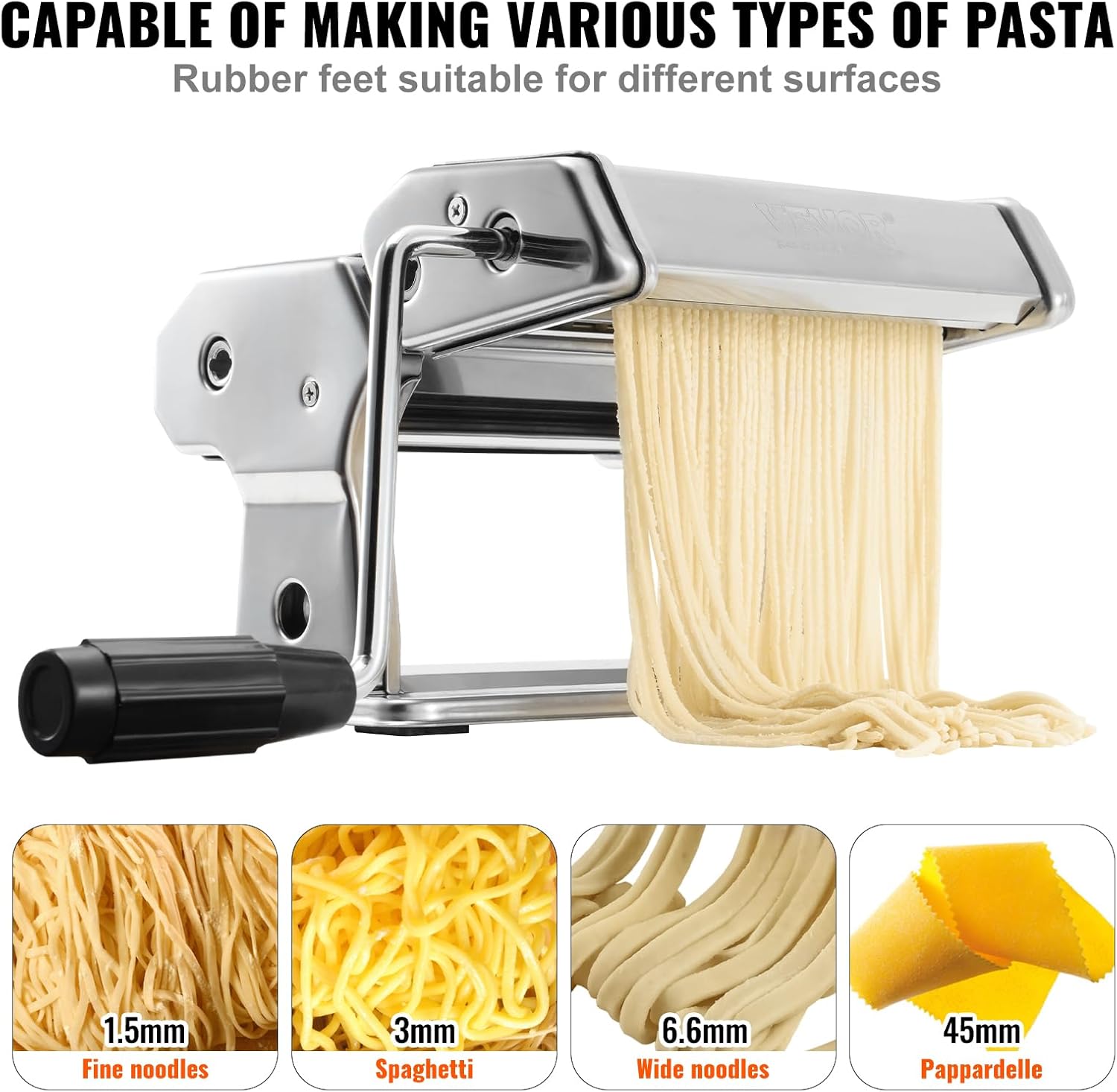 VEVOR Máquina para hacer pasta, 9 ajustes de grosor ajustable, 150 rodillos de pasta de acero inoxidable, máquina de pasta con 3 accesorios,