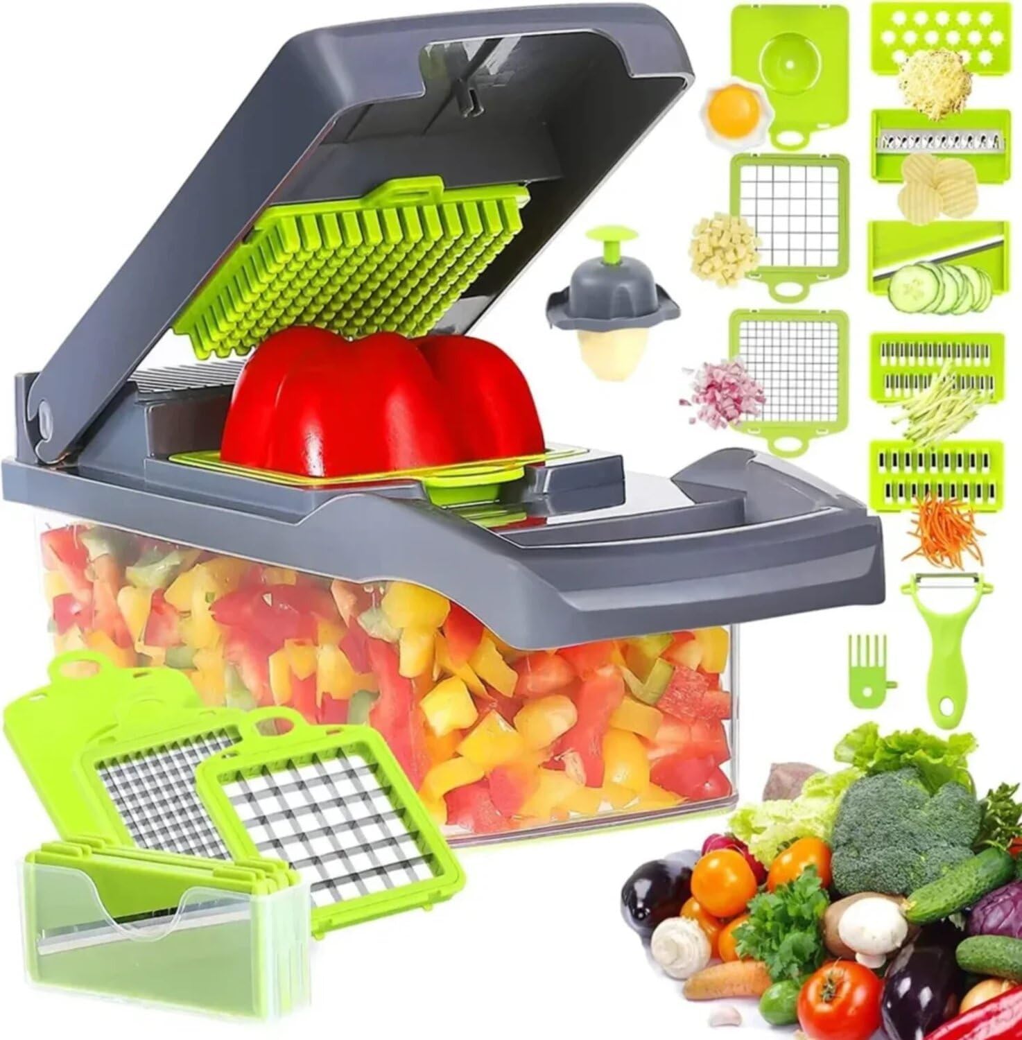 Picador de verduras – Picador profesional de cebolla y pelador de papas, picador multifuncional 14 en 1, cortador de verduras de cocina, cortador de