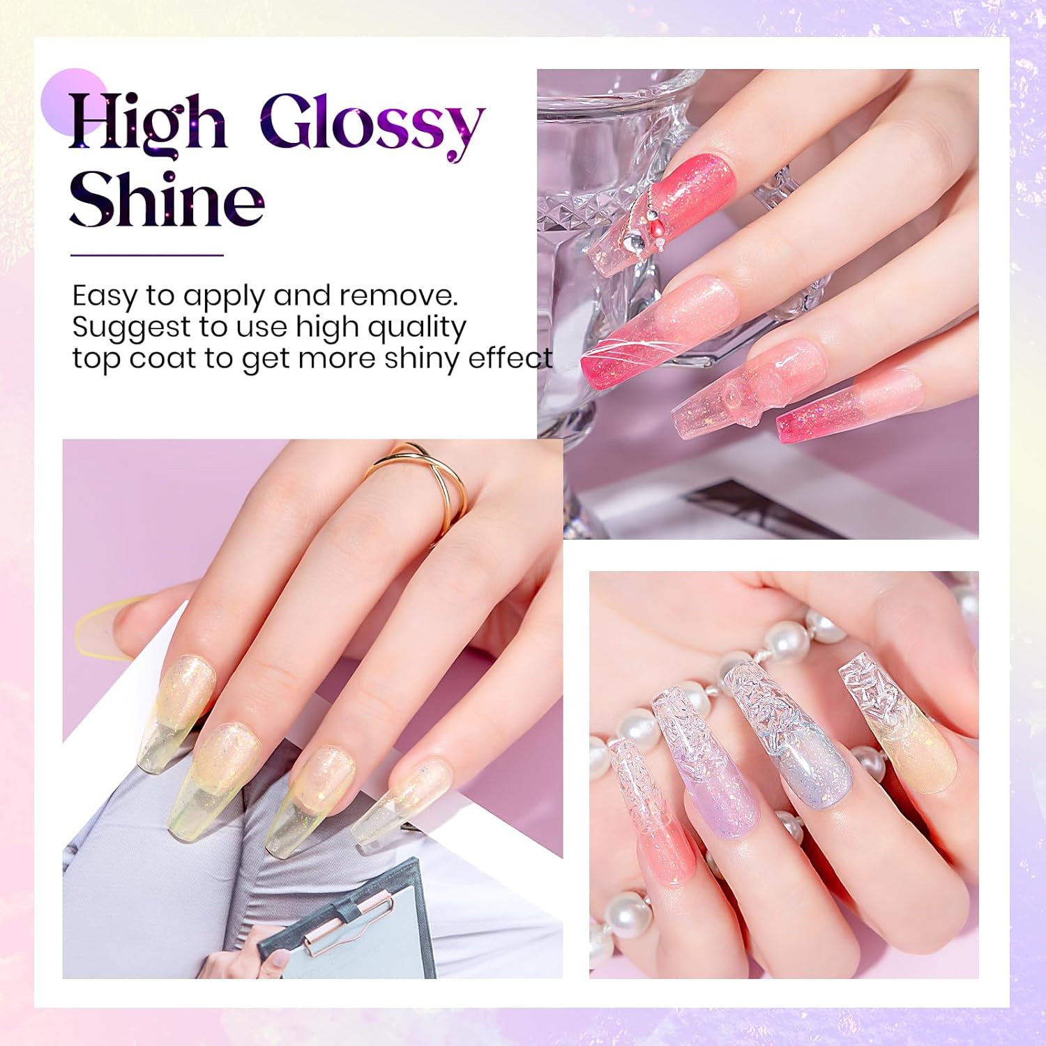 MIZHSE 12 esmaltes de gel de gelatina con purpurina, arte de uñas iridiscente brillante transparente, juego de manicura de verano de gel de