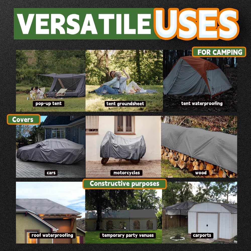 RAINDEWAY Tarps – Lona resistente al agua de 4 x 5 pies -14 mils súper resistente con anillos de metal y esquinas y bordes reforzados, resistente a