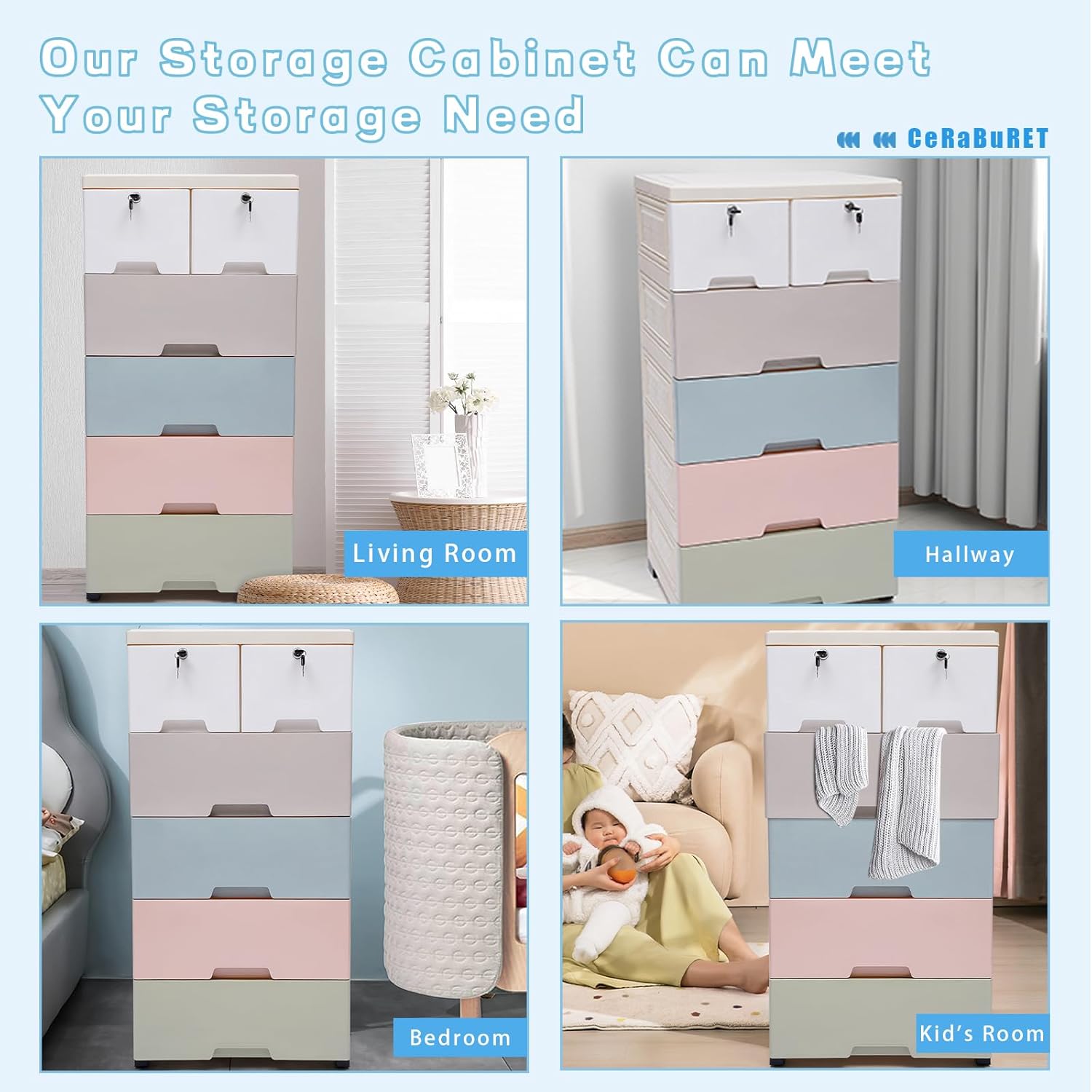 Cómoda de plástico con 6 cajones, cómoda de plástico, organizador de almacenamiento para niños con ruedas, adecuado para dormitorios, 19.69 x 13.78