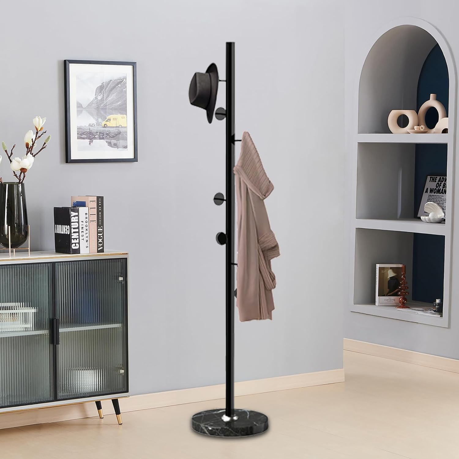 Perchero de metal independiente, resistente perchero con base de mármol natural, perchero para sombreros de árbol para entrada, pasillo, dormitorio