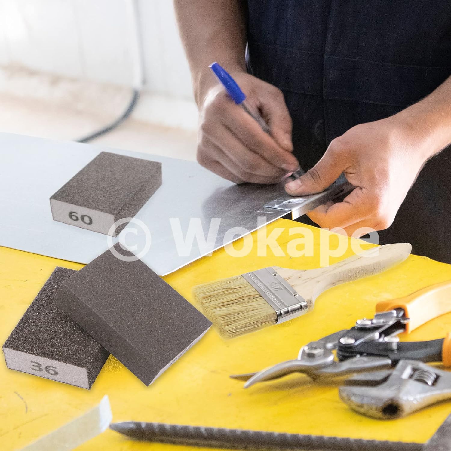 Kit de 16 esponjas de lijado grueso de grano 80 con cepillo, bloque de lijado de espuma blanca para pulir muebles de plástico de madera y metal