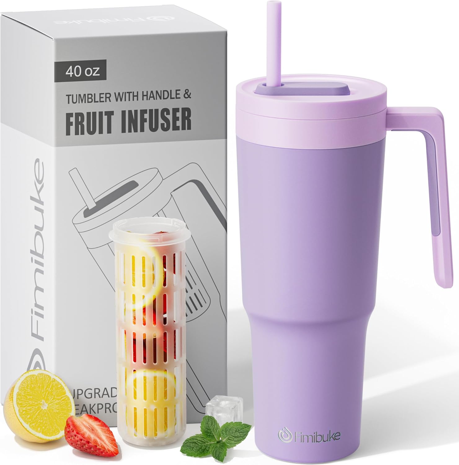 Fimibuke Vaso de 40 onzas con asa e infusor de frutas, taza aislada al vacío de acero inoxidable con tapa y pajilla, botella de infusión de agua,