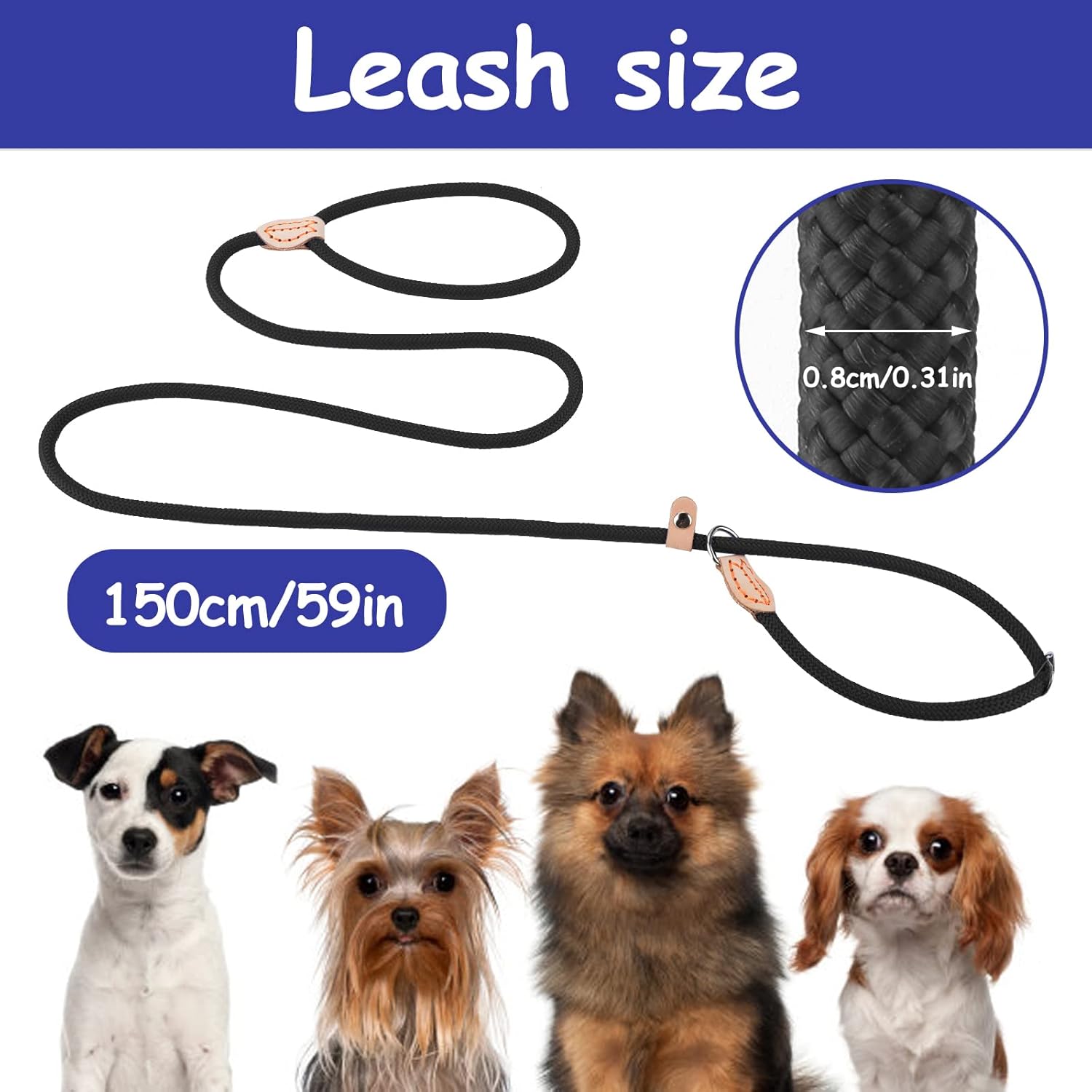 Cobee Correa de cuerda para perros pequeños, control deslizante, correa de bucle para perro sin tirones de 5 pies x 13 pulgadas con conector de