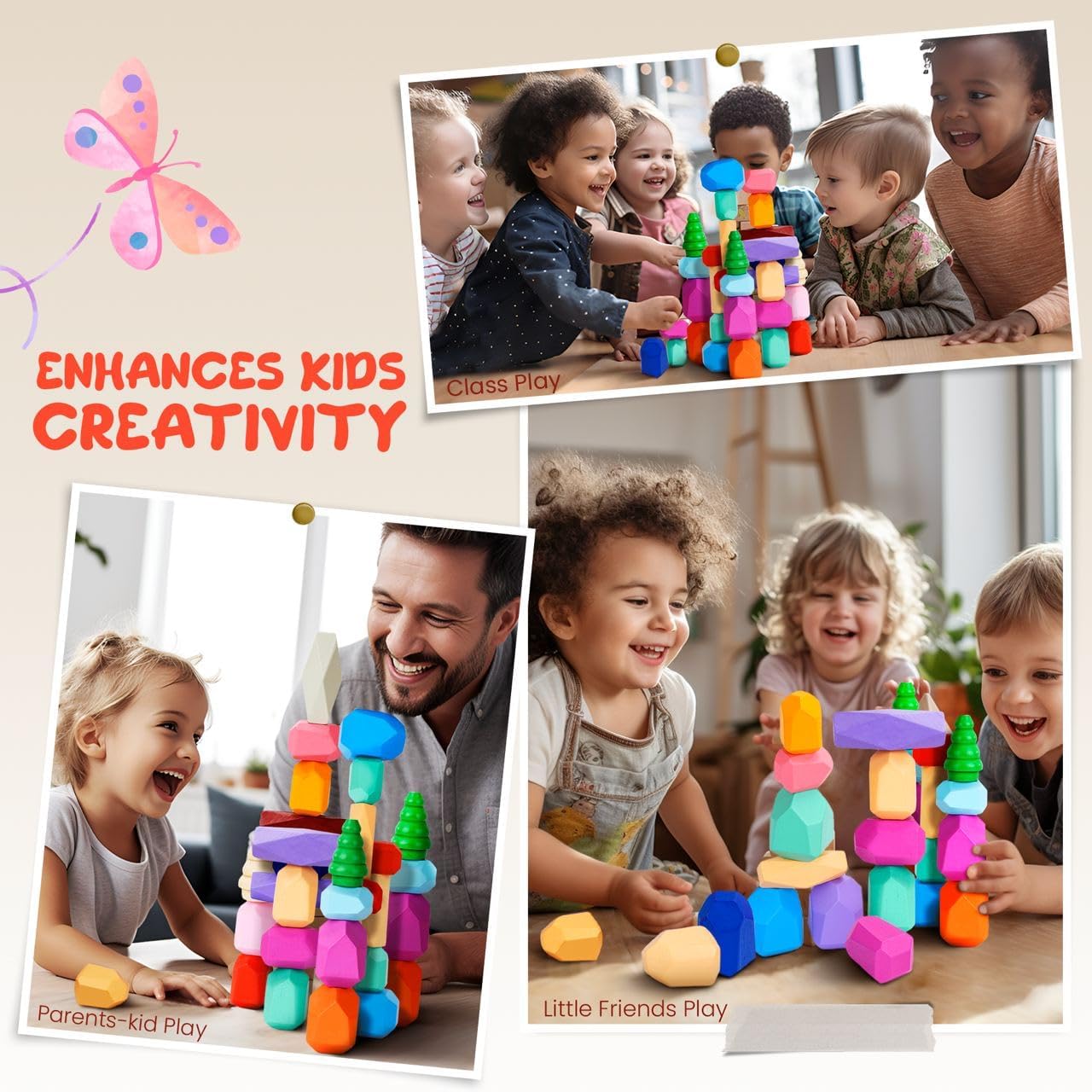 Qubomax 40 piezas de juguetes apilables de madera  Bloques de construcción Montessori para niños a partir de 3 años  Juego de aprendizaje preescolar
