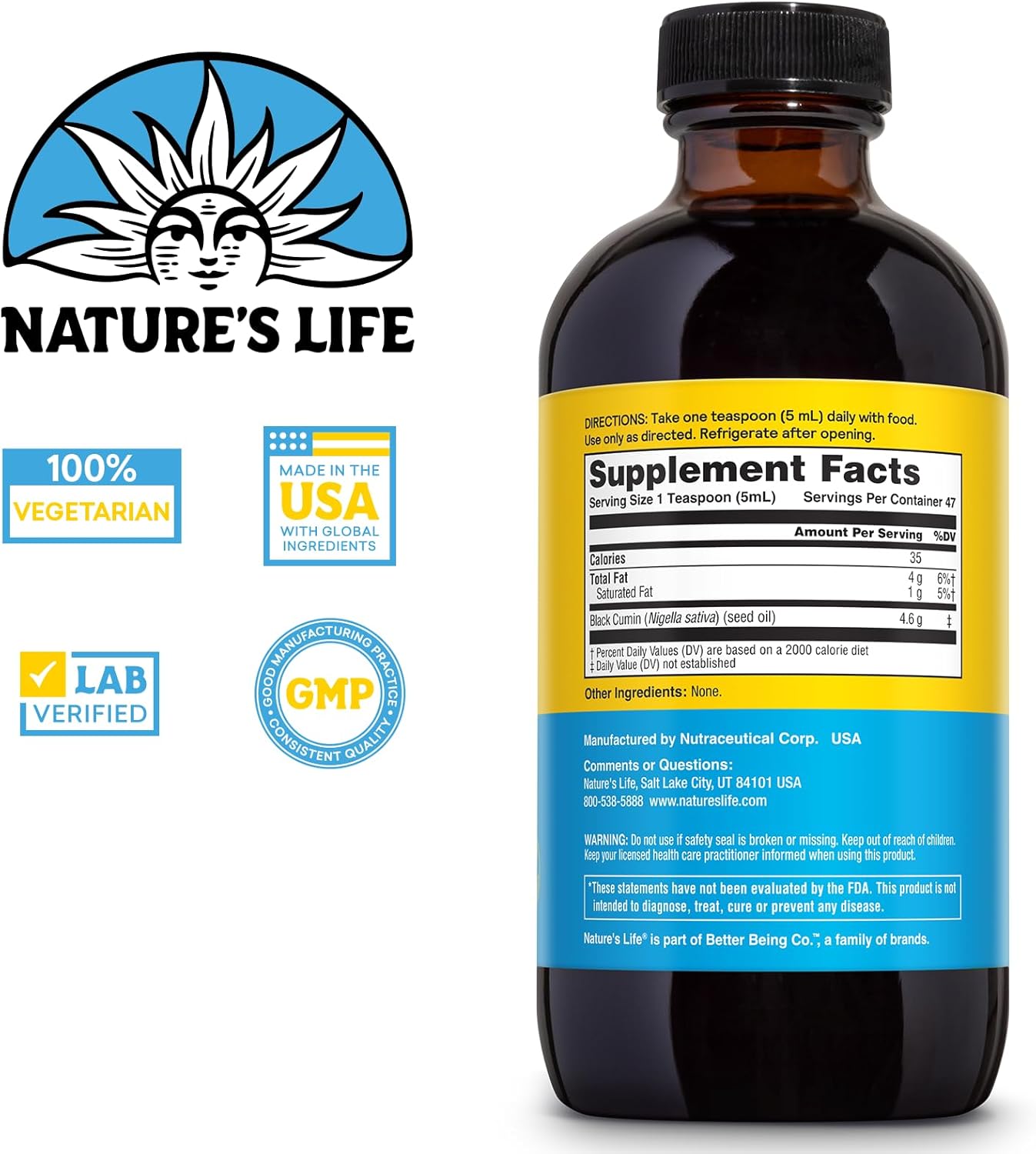 Nature’s Life Aceite de semilla negra, aceite de semilla de comino negro prensado en frío, apoyo para las articulaciones, la salud digestiva y el