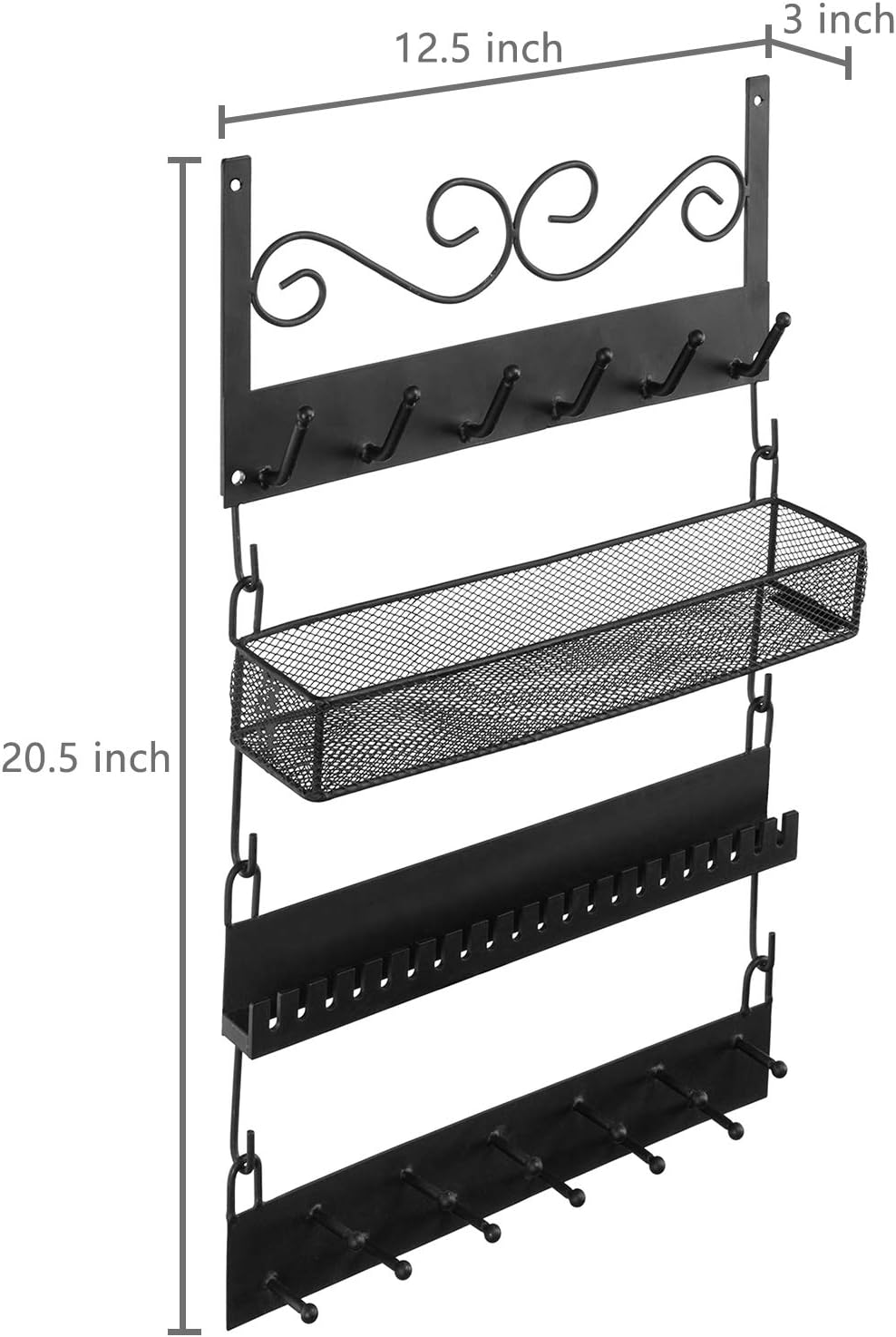 MyGift Organizador de joyas colgante de metal negro de 4 niveles con 18 ganchos, soporte para aretes y collar, estante de exhibición de pulseras,